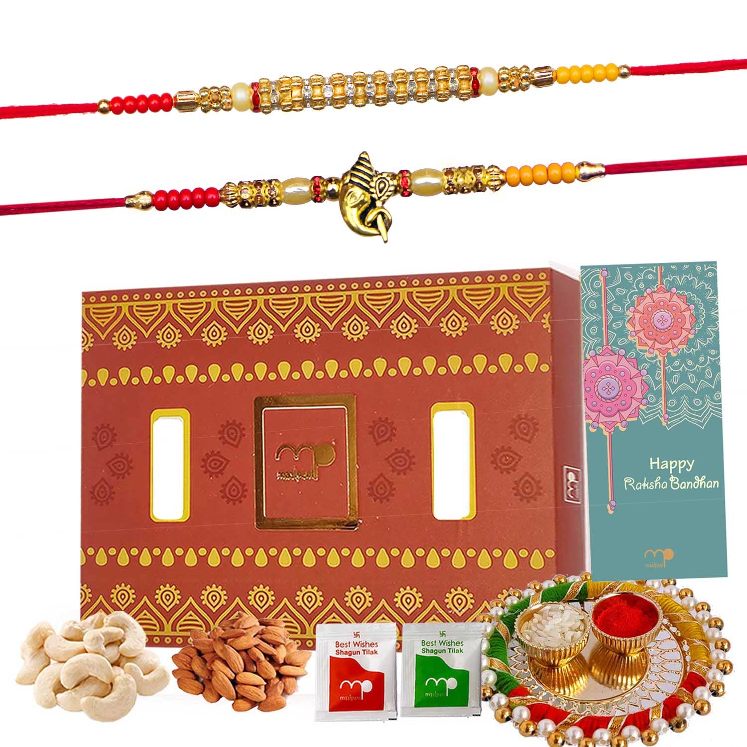 Maalpani Rakhi Dry Fruit Hamper Rakhi Gift Set of 2 Auspicious Rakhi with Dryfruits Om Rakhi