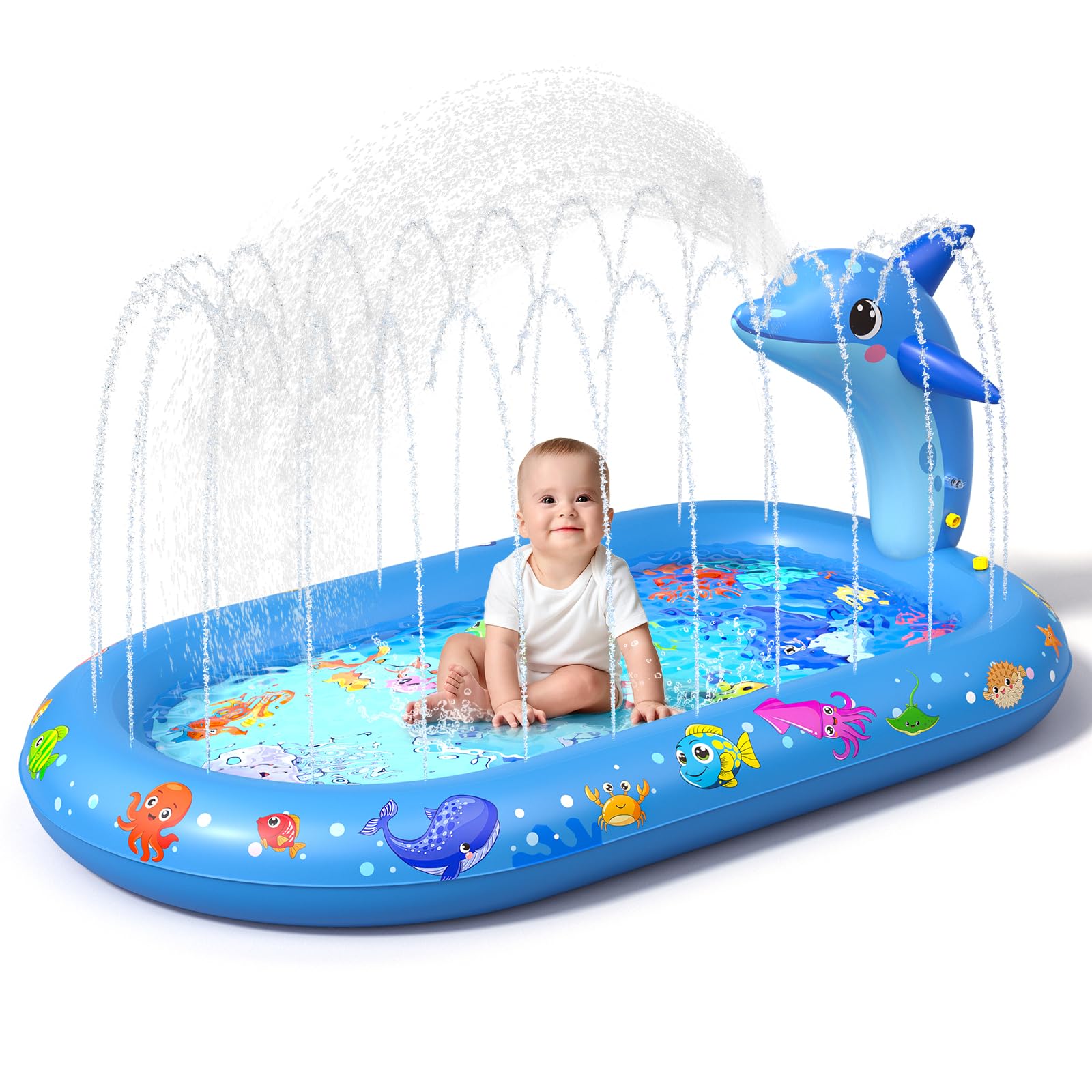Inflatable Paddling Pool for Kids, Splash Pad for Kids, 3 in 1 Dolphin Pattern Kids Pool Inflatables, Thickened Material with Water Pipe, Backyard Summer Water Toys for Boys and Girls Age 1+
