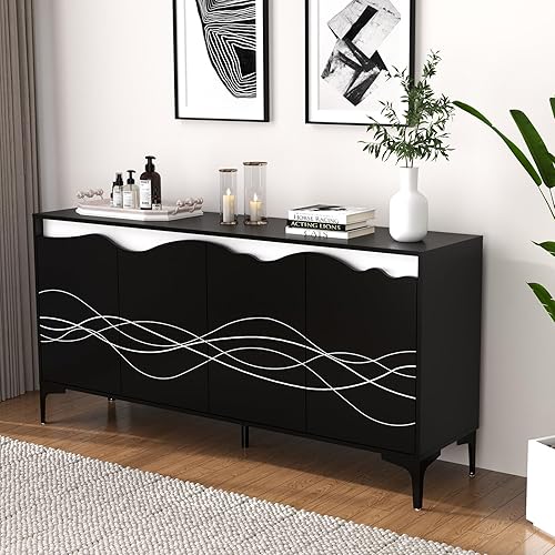 Sideboard Buffet Cabinet with Storage, 63" Sideboard with 4 Doors, Modern Kitchen Storage Cabinet for Dinning Room, Hallway, Living Room (Black)