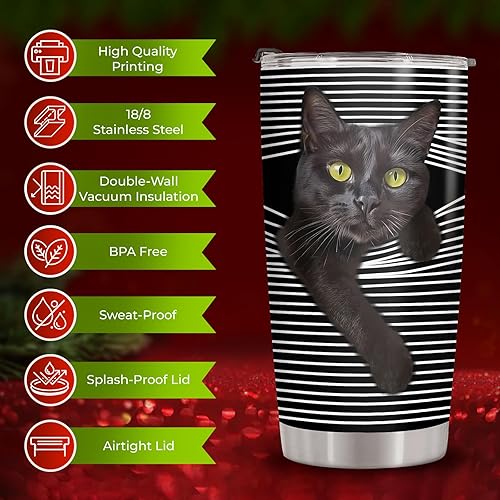 Vista 29 de Vaso de gato de terror con tapa, taza de película de terror de acero inoxidable de 20 onzas, taza de café única con gatos, Navidad, Halloween, Vaso
