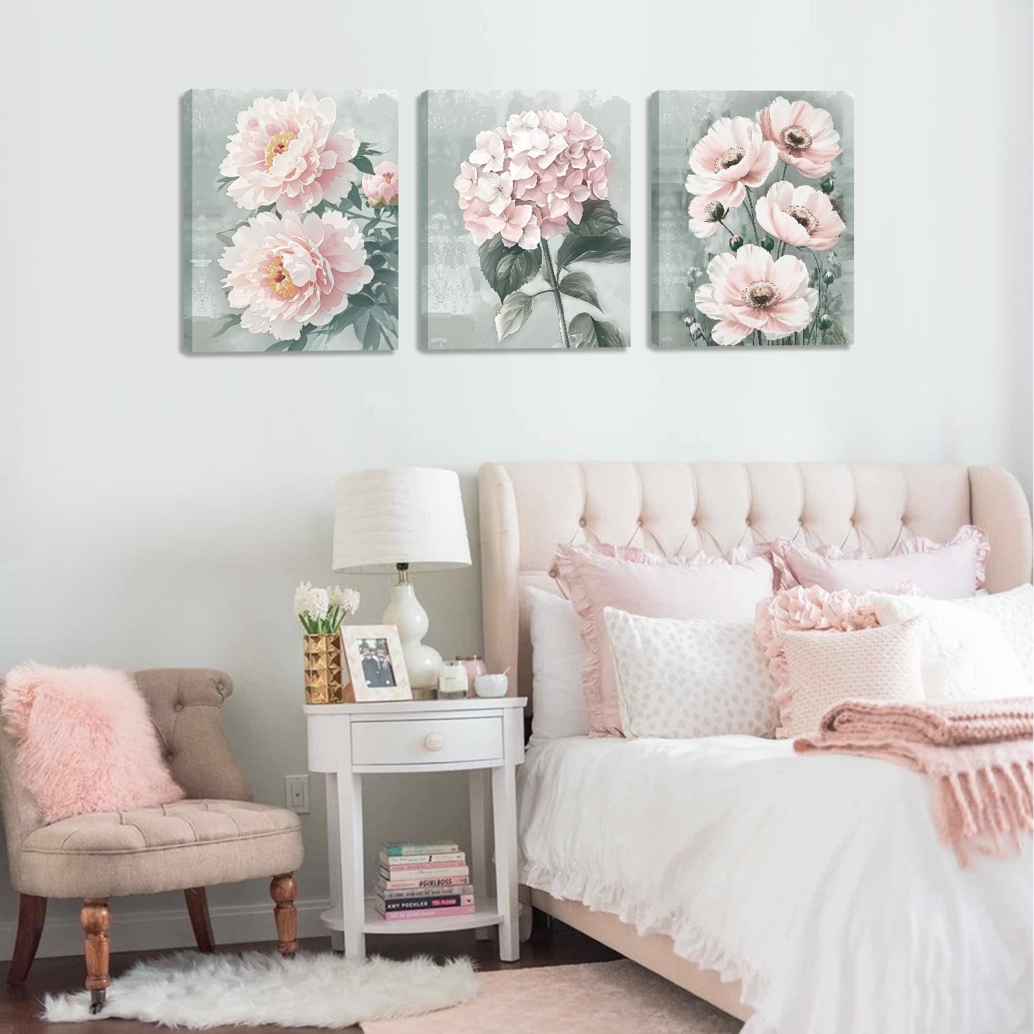 KAIRNE Pink Flowers Wall Art Grey Pink Floral Canvas Prints (11.8”X15.6,Framed) Hydrangeas Blossom Wall Canvas Painting Modern Romantic Poster for Women's Girl's Bedroom Living Room Bathroom 3PCS - Image 3