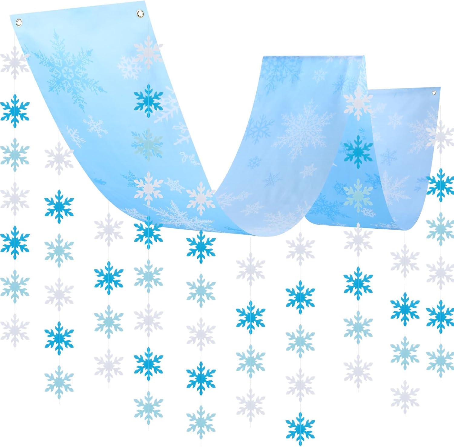 Cholemy 101 Pcs Winter Snowflake Banner Ceiling Hanging Decor - Winter Snow Birthday Party Bunting Decorations with Pins and Ropes