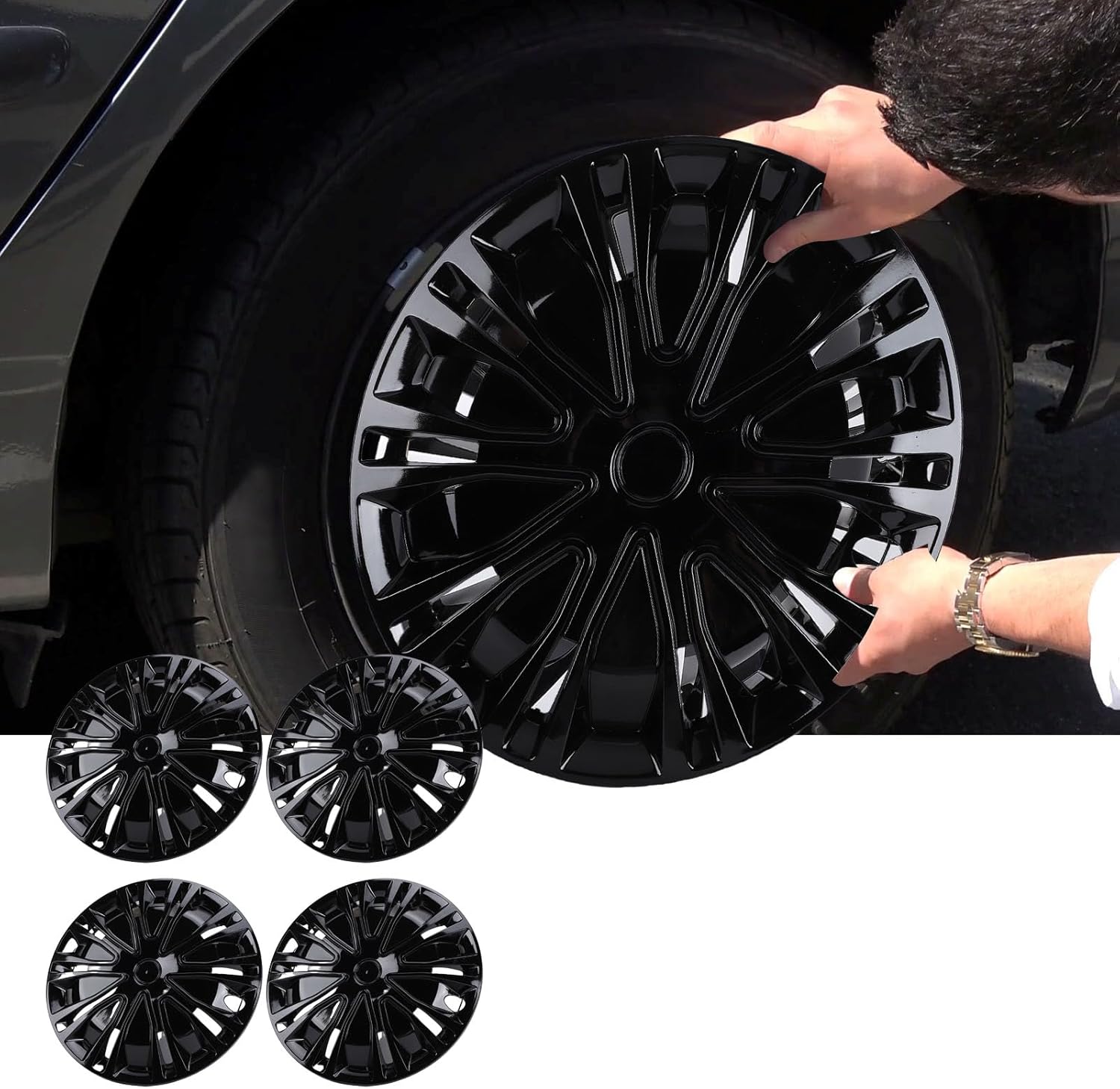 Jiawu 14 Inch Hubcaps Set of 4, Wheel Rim Cover ABS Material, Wheel Hub Cap, Universal R14 Hub Caps Replacement, On Wheel Covers for Car Truck SUV (Black)