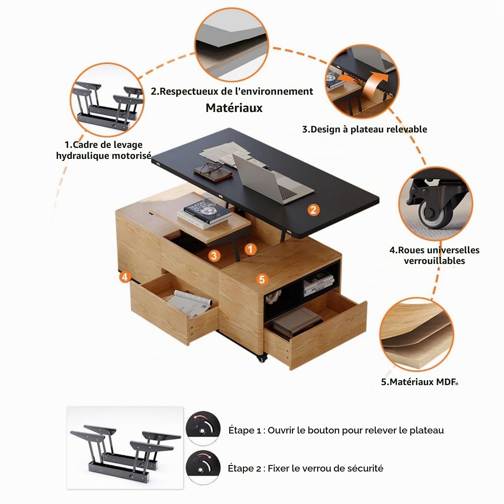 Homary Table Basse Relevable, Table Basse Salon Bois avec Rangement Caché, Mode Bureau Salle à Manger, Tournante Hydraulique, Meuble Convertible, Hauteur Réglable, Tabouret Non Inclus