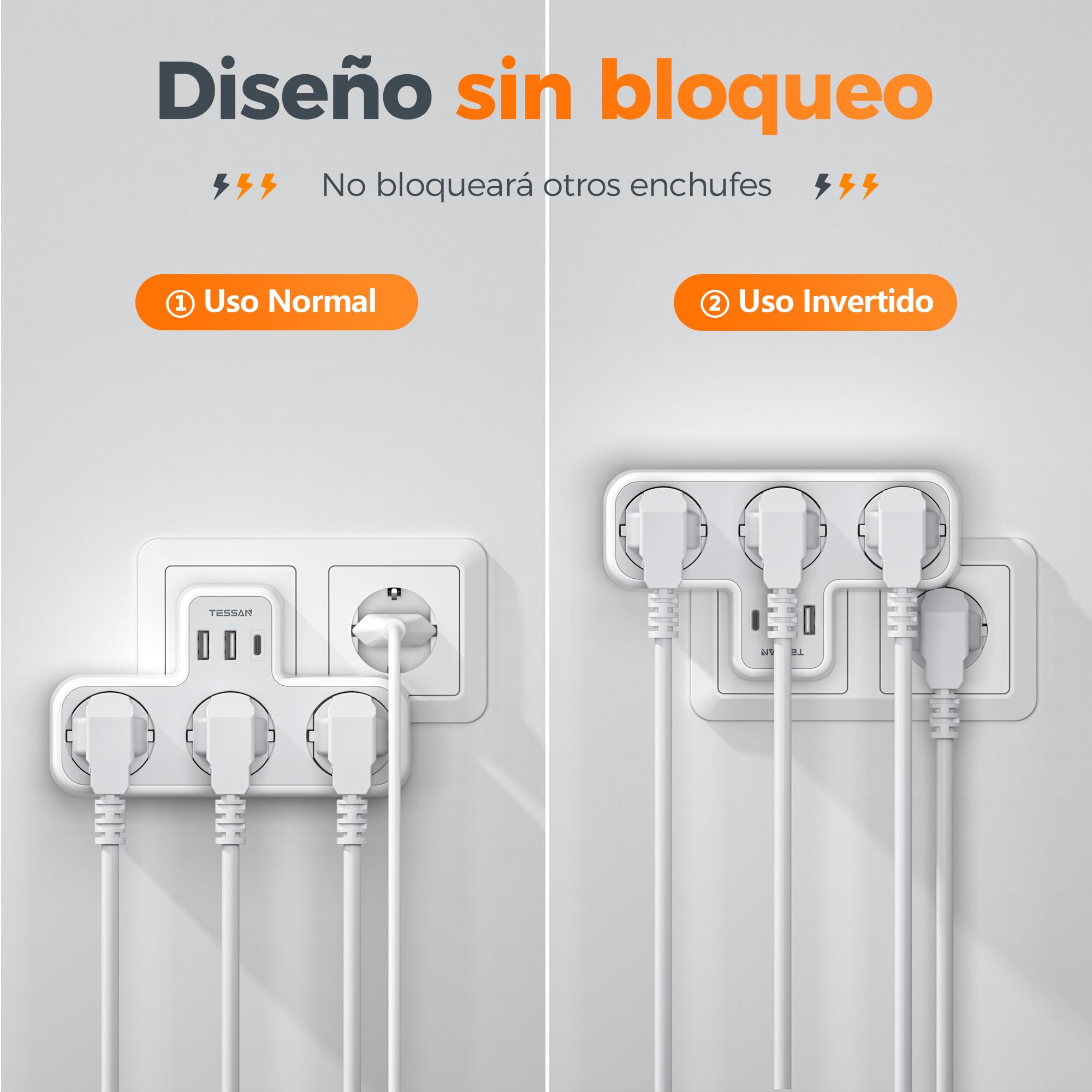 TESSAN Ladron Enchufes Plano con USB C, 6 en 1 Ladrón Enchufes Multiples USB, Triple Cargador Multiple 3600W, Regleta Pared para Oficina, Cocina, Compatible con Móviles, Blanco y Gris