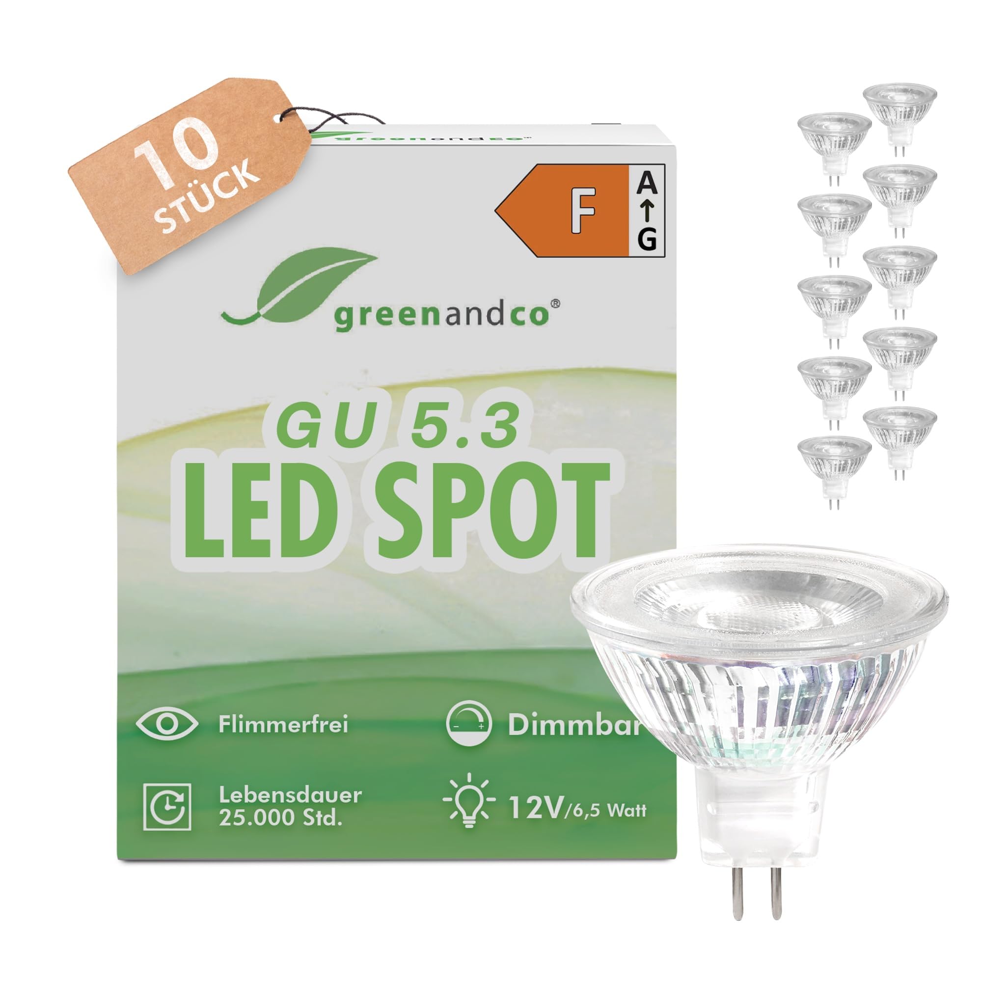 greenandco 10x GU5.3 LED Spot 12V dimmbar, 3000K, 6.5W 510lm, CRI 90+