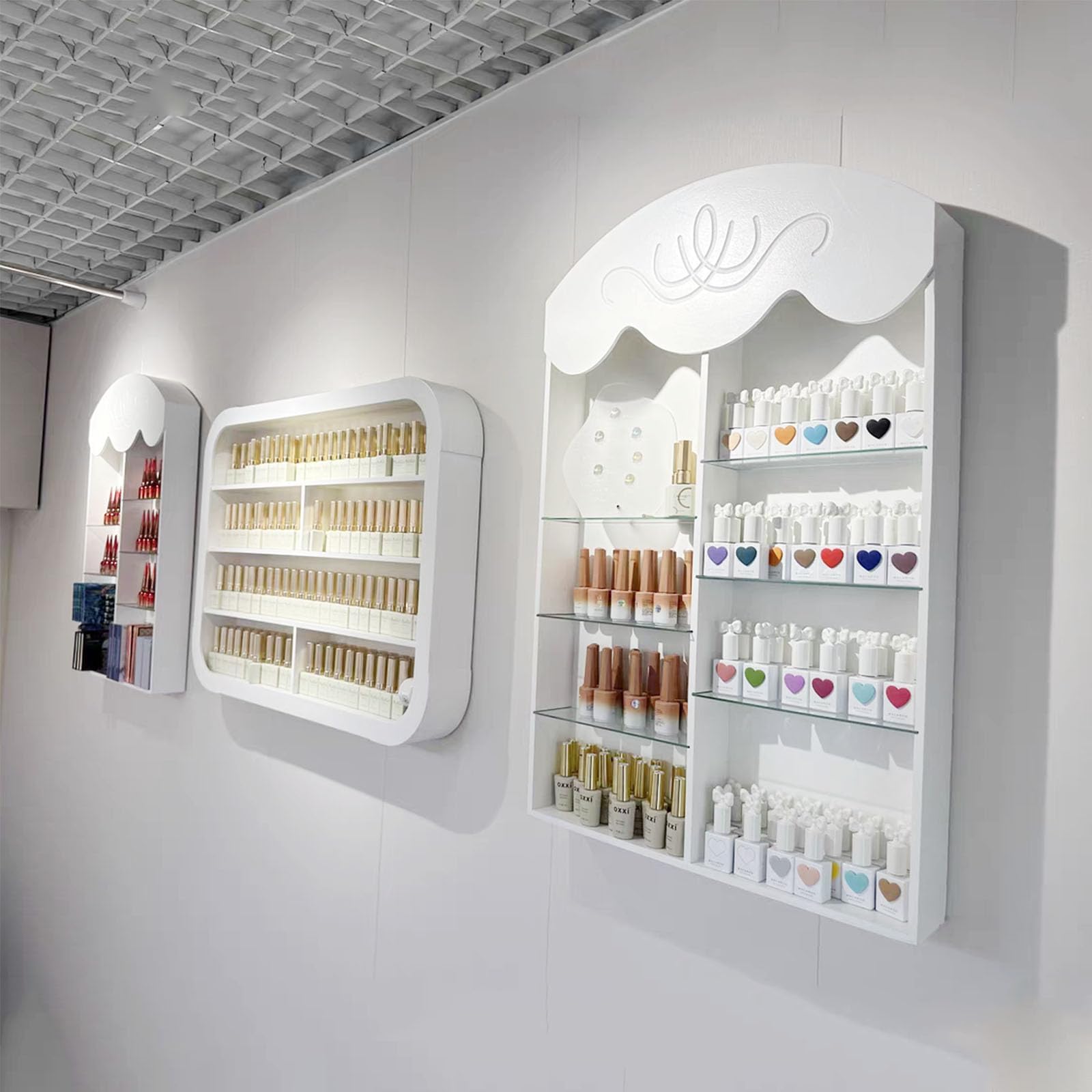 Scaffale per Smalti per Unghie Montato A Parete, Espositore per Oli Essenziali, Porta Cosmetici per Profumi da Salone, Espositore per Smalti Aperto per Uso Domestico Commerciale (Bianco),B