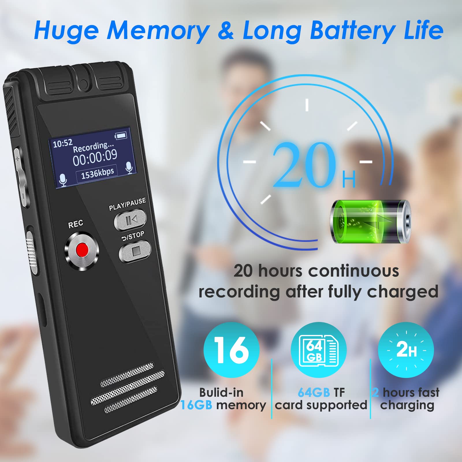 16GB Grabadora de Voz Activada Mini- 3072kbps Grabadora Voz Digital Portátil con Reproductor de MP3 y Contraseña, Dictáfono con Entrada de Micrófono y Línea para Reuniones, Conferencias Clases