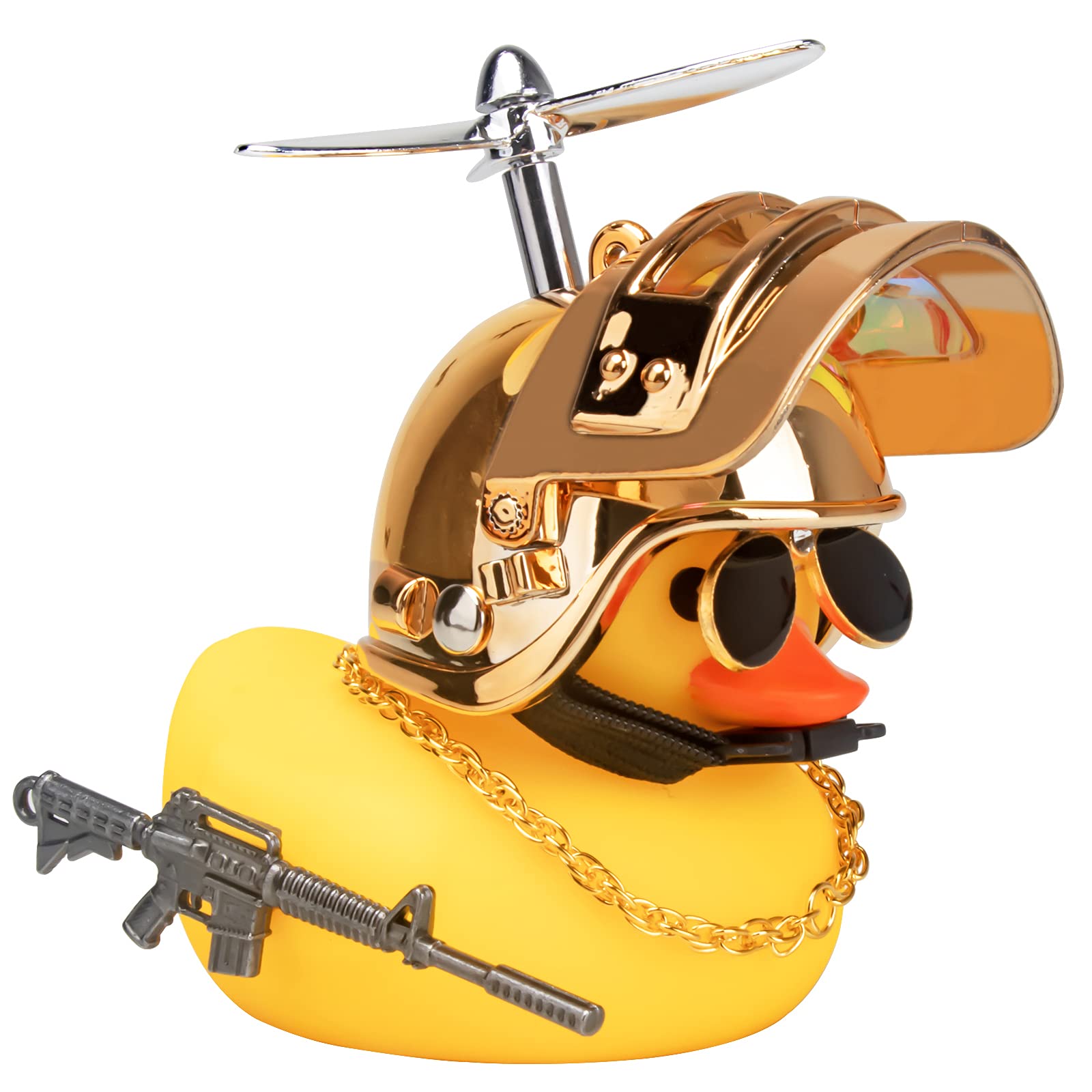 wonuu Rubber Yellow Duck Car Ornaments Cool Duck Car Dashboard Decorations with Propeller Helmet Sunglasses (Dazzling Gold-Yellow G)