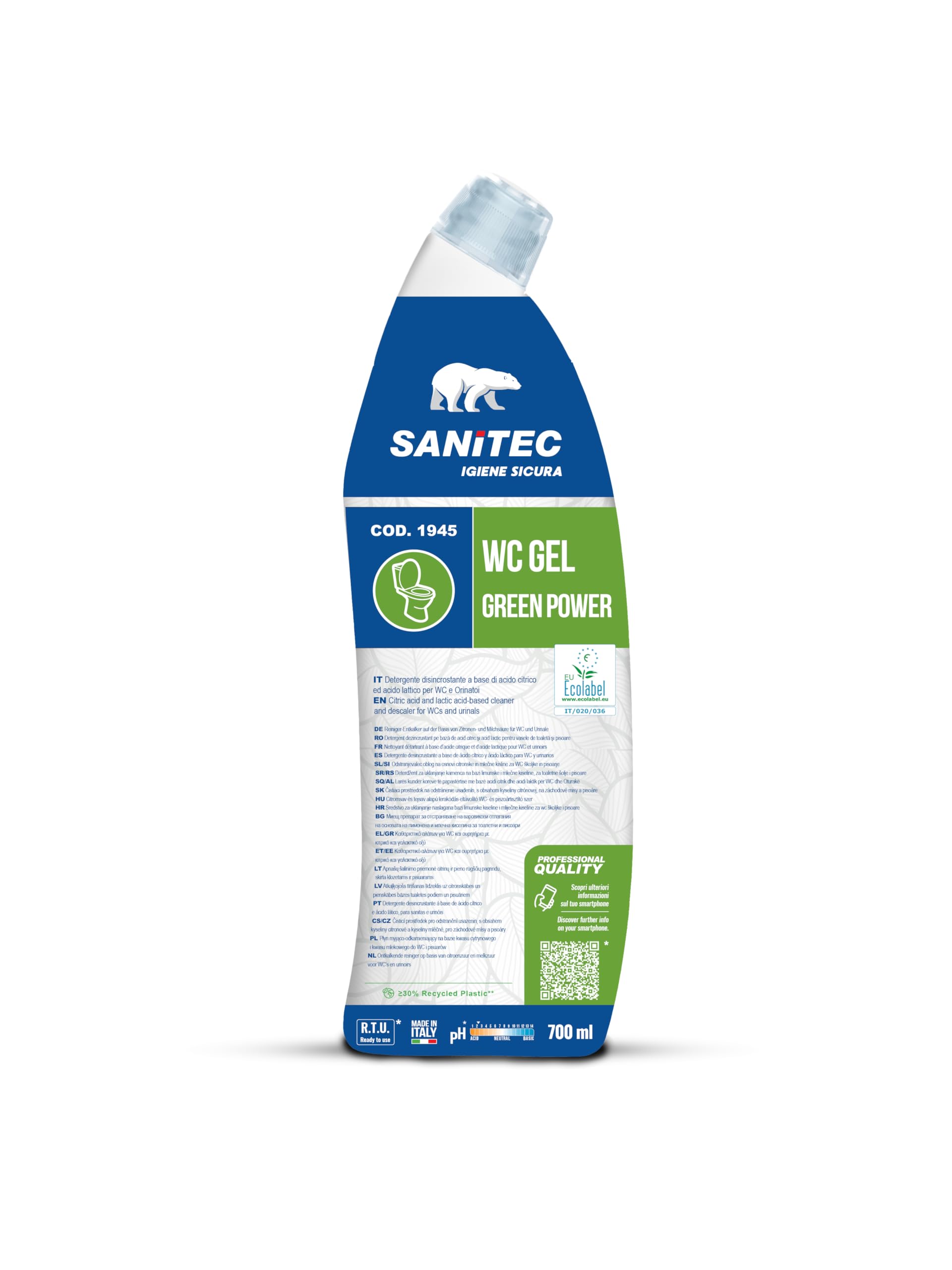 Sanitec WC GEL Green Power, Gel disincrostante per una pulizia profonda del WC, Rimuove Sporco e Calcare e Lascia una Profumazione Gradevole, certificato EU Ecolabel, 700 ml