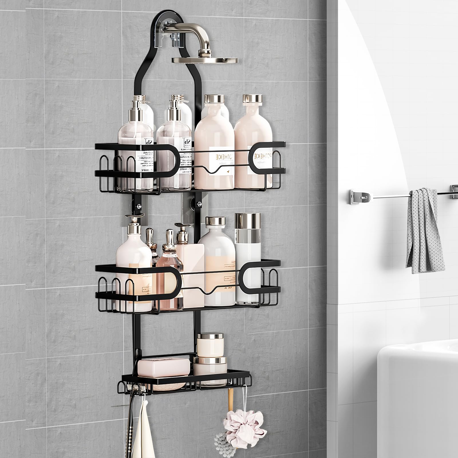 BENKSTEIN Mensola per doccia da appendere, colore nero, con 2 cesti per doccia, da appendere, salvaspazio, cestino per doccia, in acciaio inox, supporto per shampoo