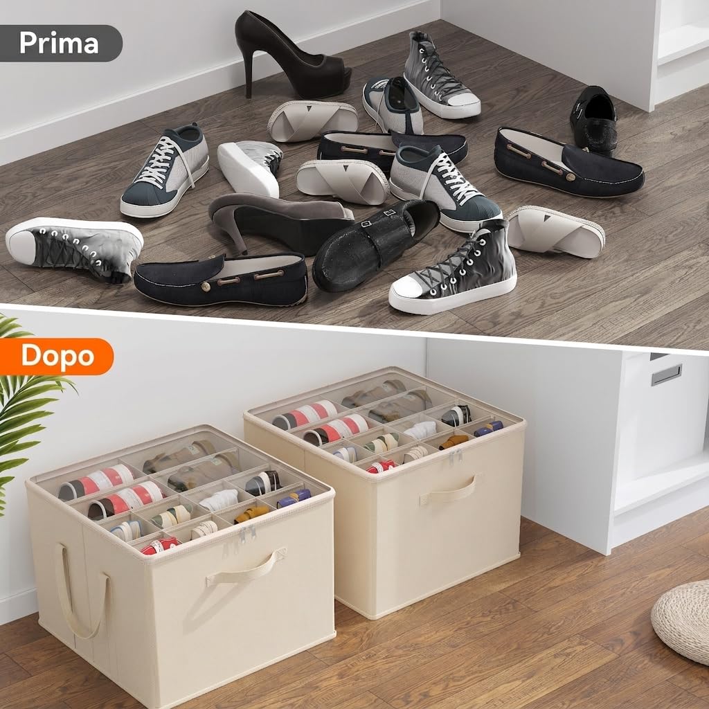 Lifewit Organizer Scarpe Armadio Pieghevole, Scatole per Scarpe Salvaspazio con Coperchio per 12-16 Paia, Shoes Organizer con Supporto Inferiore e Manici Rinforzati, Beige, Set di 2 per 24-32 Paia