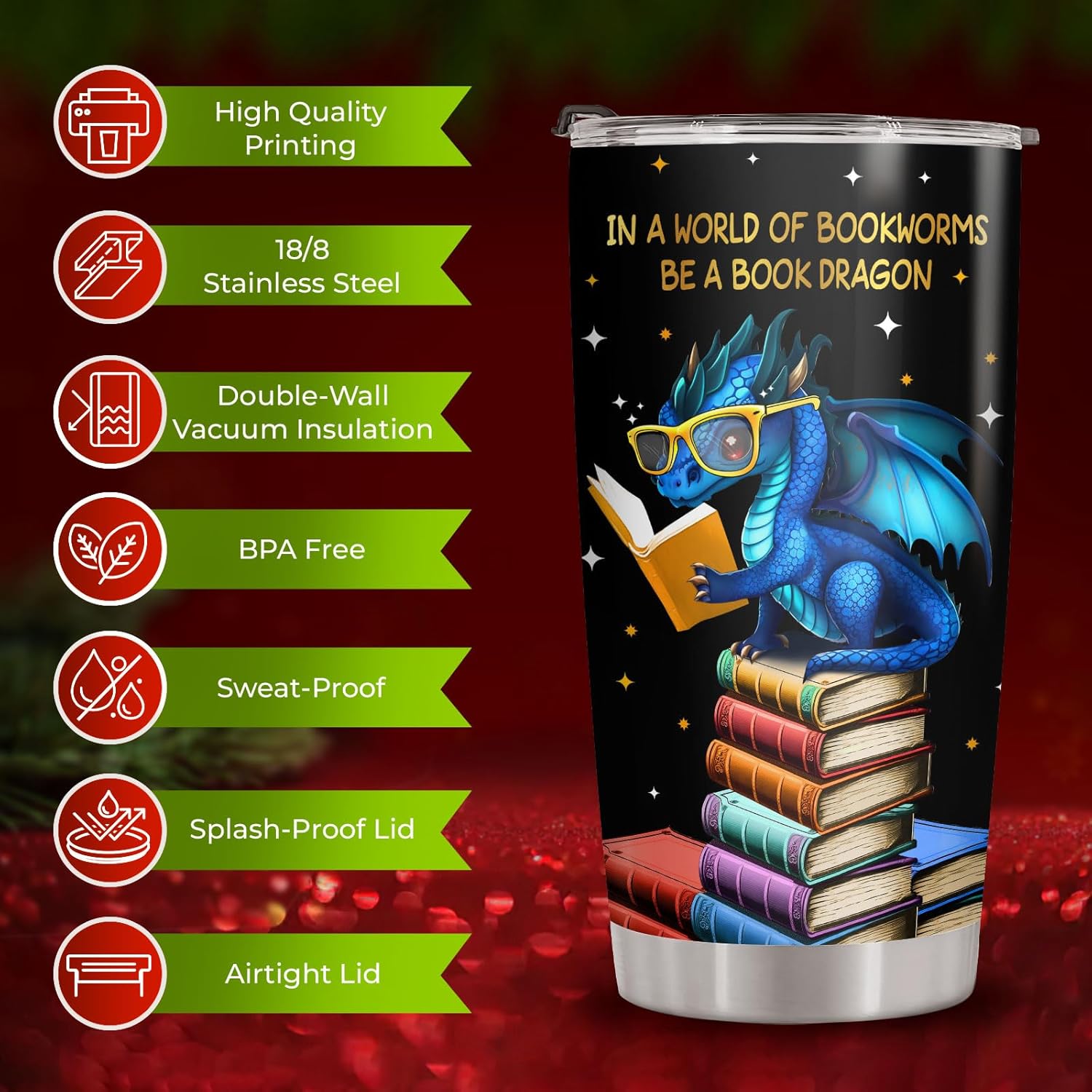 34HD Book Dragon Tumbler with Lid, 20oz Stainless Steel Vacuum Insulated Dragon Coffee Mug, Book Lover Gifts for Birthday Christmas Back To School, Bookworm Gifts for Women, Bookish Items - Image 6