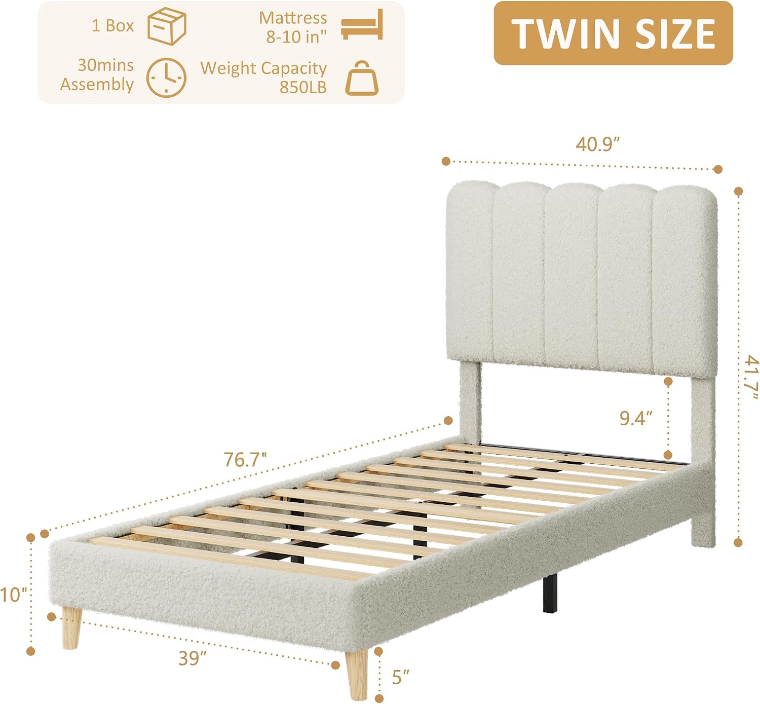 GarveeHome Twin Bed Frame, Upholstered Platform Bed with Wave Headboard for Girls/Kids, Easy Assembly, Wooden Slats Support, No Box Spring Needed, Boucle Beige