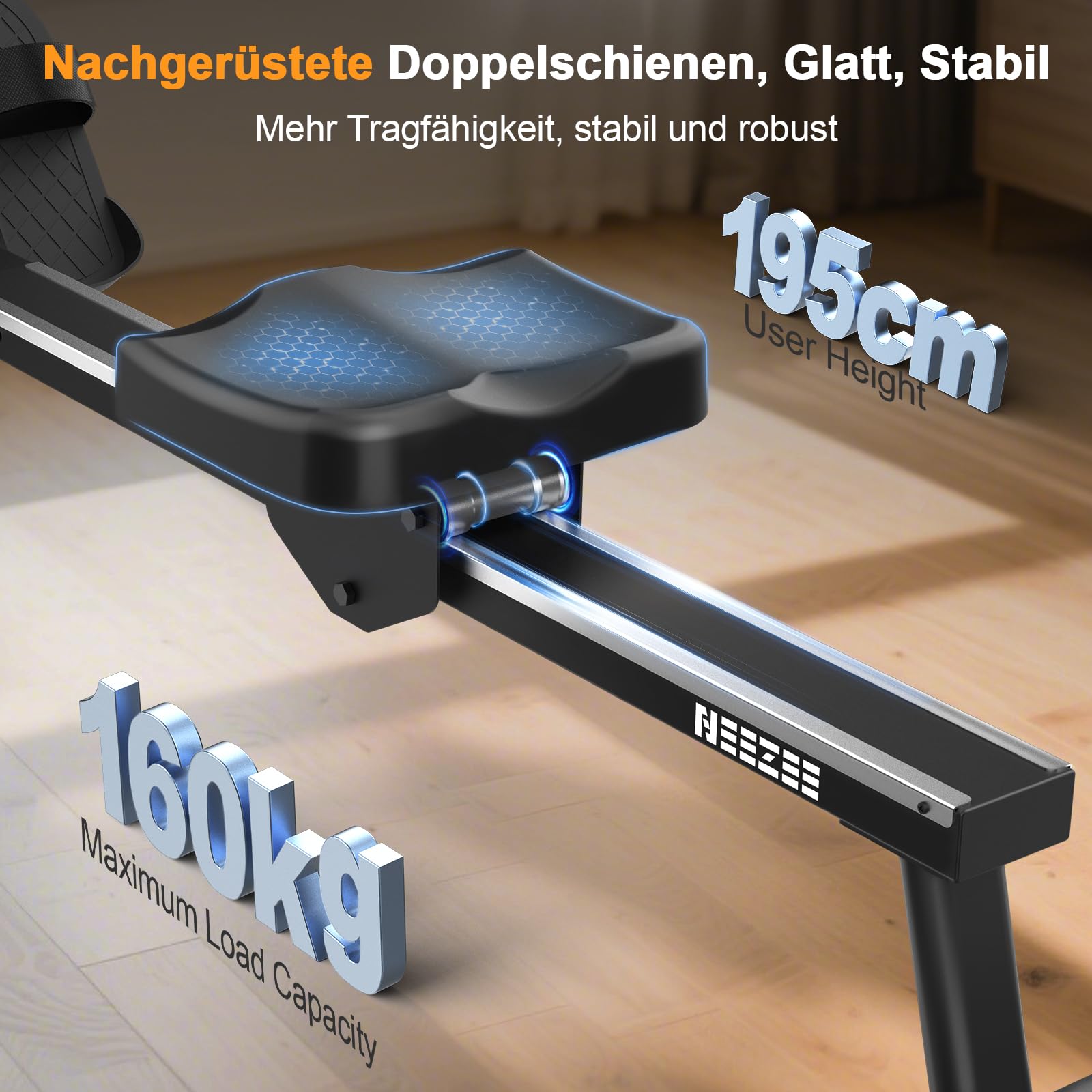Neezee Rudergerät für zuhause, Rudergerät Wasser mit Professioneller Tablet-Halterung, Max 150kg Belastbar, Vertikale Lagerung, Einfache Bewegung