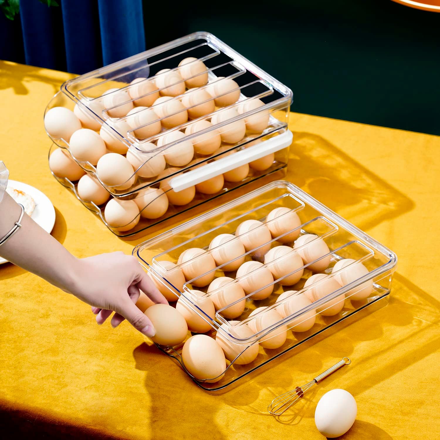 Sooyee 3 Layer Ramp Type Auto Rolling Egg Holder Storage Container for Refrigerator Organizer,Large Egg Container Bin,Clear