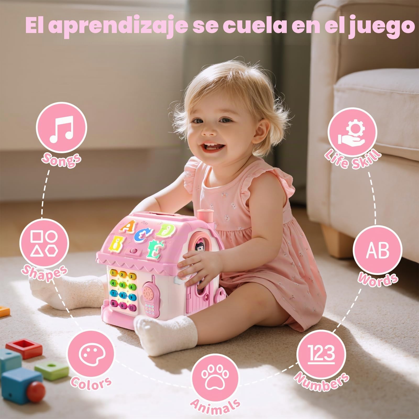 HYES Juguetes para bebé niñas de 1 año, Juguete Montessori, 8 en 1 multifunción casa con música/Coche/Reloj/teléfono/luz, Musical sensorial Juguetes Regalos para bebé de 1-2 años