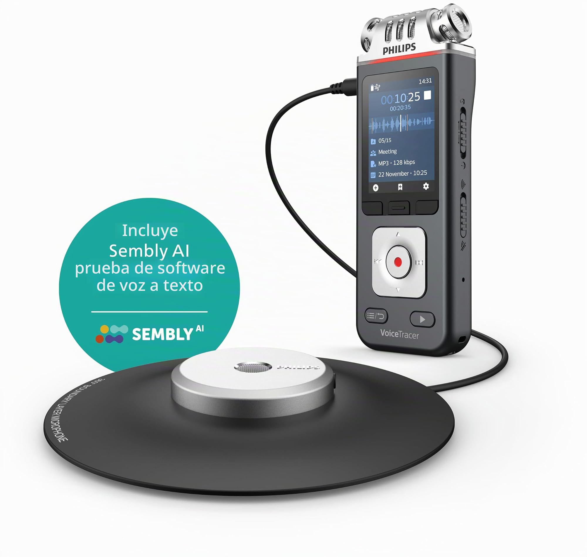 Philips Grabadora de reuniones DVT8115 con micrófono de reunión de 360° y reconocimiento de Voz en la Nube basado en IA Sembly