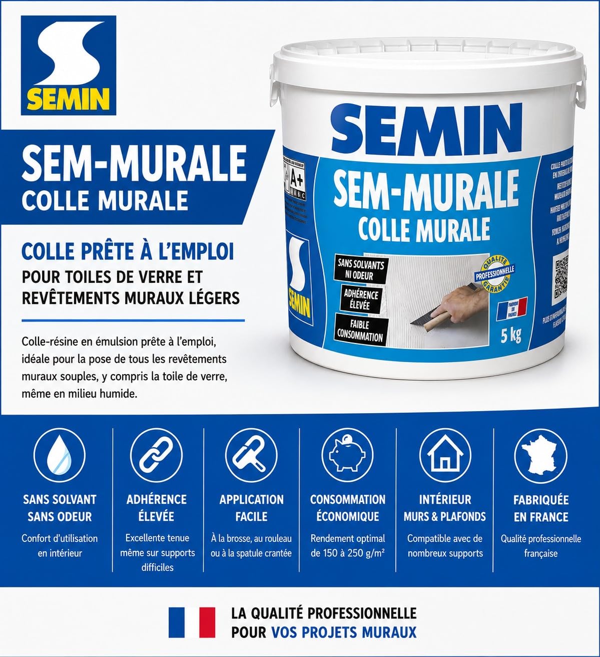 SEMIN Sem-Murale – Colle Toile de Verre & Revêtements Muraux Légers – Prête à l’Emploi – Forte Adhérence – Intérieur Murs & Plafonds – Sans Odeur – Seau 5 kg