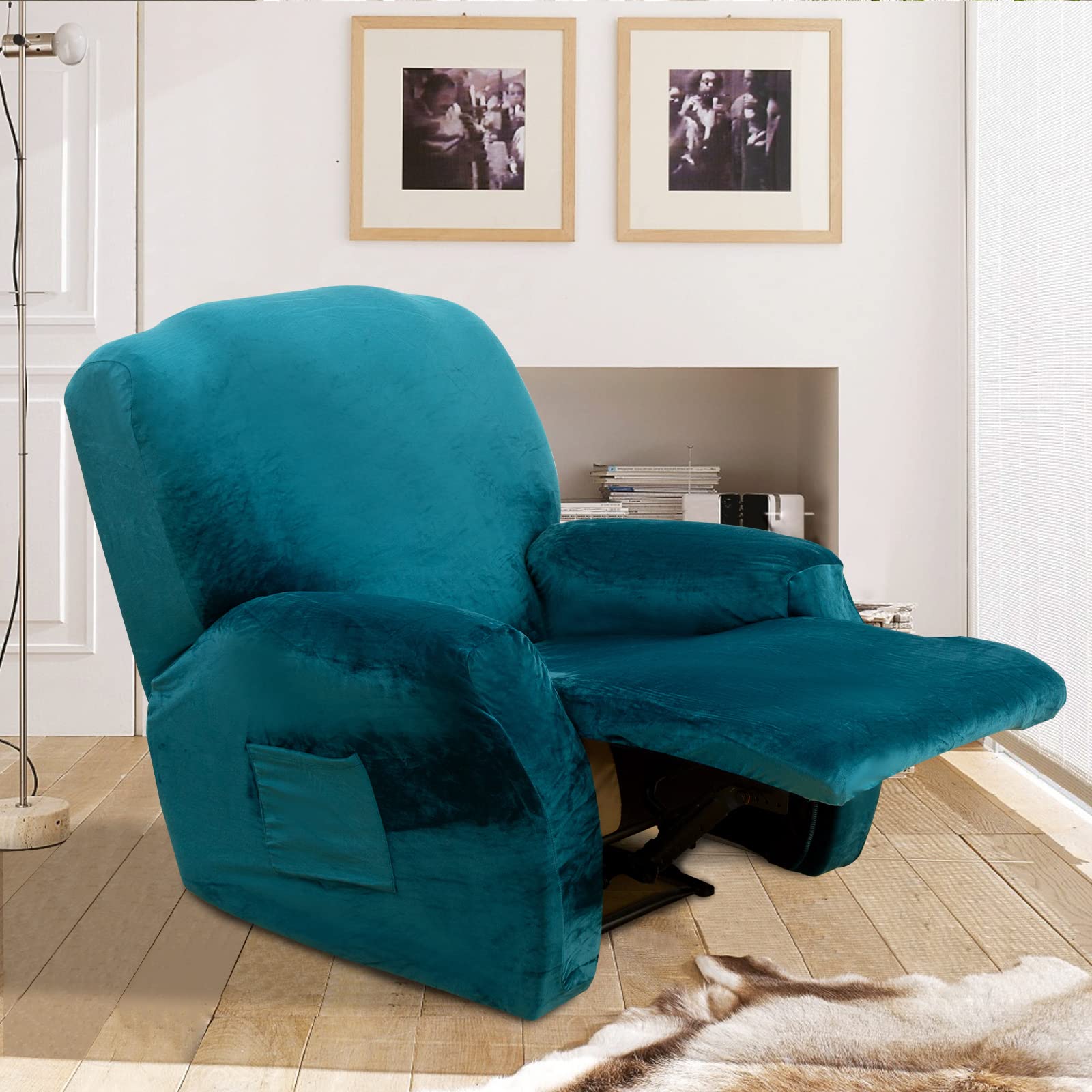 FIGOOO Copripoltrona Relax Reclinabile Copripoltrona 1 Posto Elasticizzato Relax Universale Elettrica con Tasche 4-Pezzi Fodere per Poltrona Rimovibile Coprisedile Chivas,Velluto#Flangia Verde