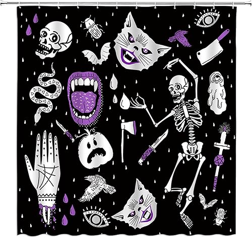GCTNBJL Cortina de ducha de Halloween, espeluznante alquimia, calavera, esqueleto, gato, calabaza, quiromancia, gótica, bohemia, tablero mágico de