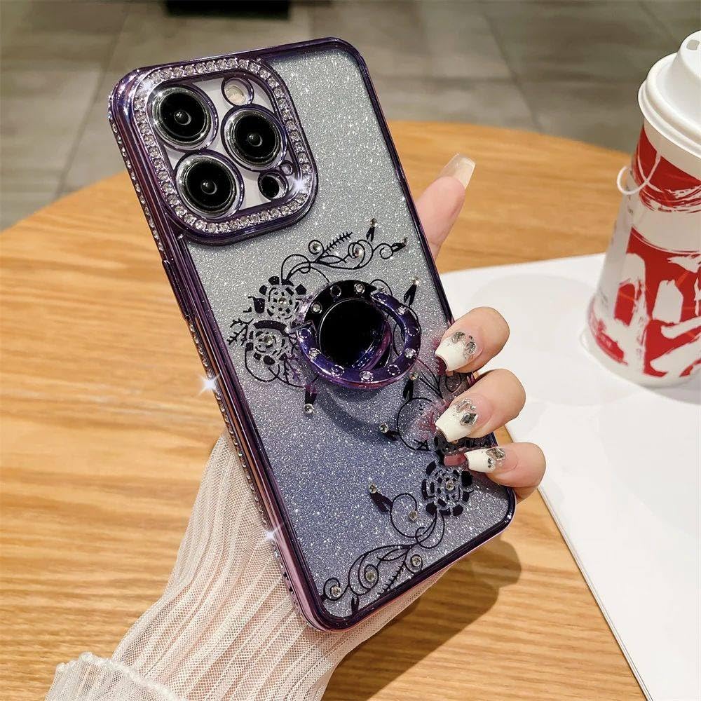 Couverture de galvanoplastie pour iPhone 15 violet avec support diamant luxueux - 8
