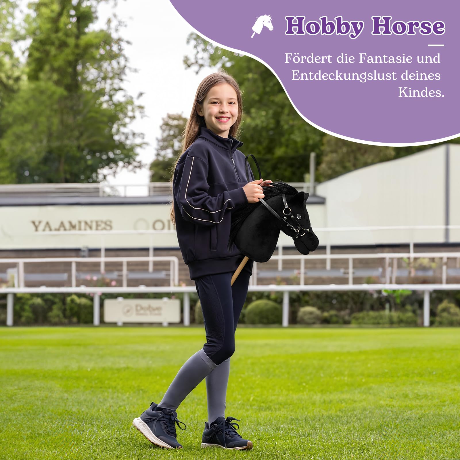 Hobby Horse - Koń na Kiju z Kantar i Ogłowiem (Czarny) | Duży Koń na Kiju dla Dzieci z Przykręcaną Tyczką 40 cm, Hobby Horse do Hobby Horsingu, do Zabaw w Odgrywanie Ról i Jazdy