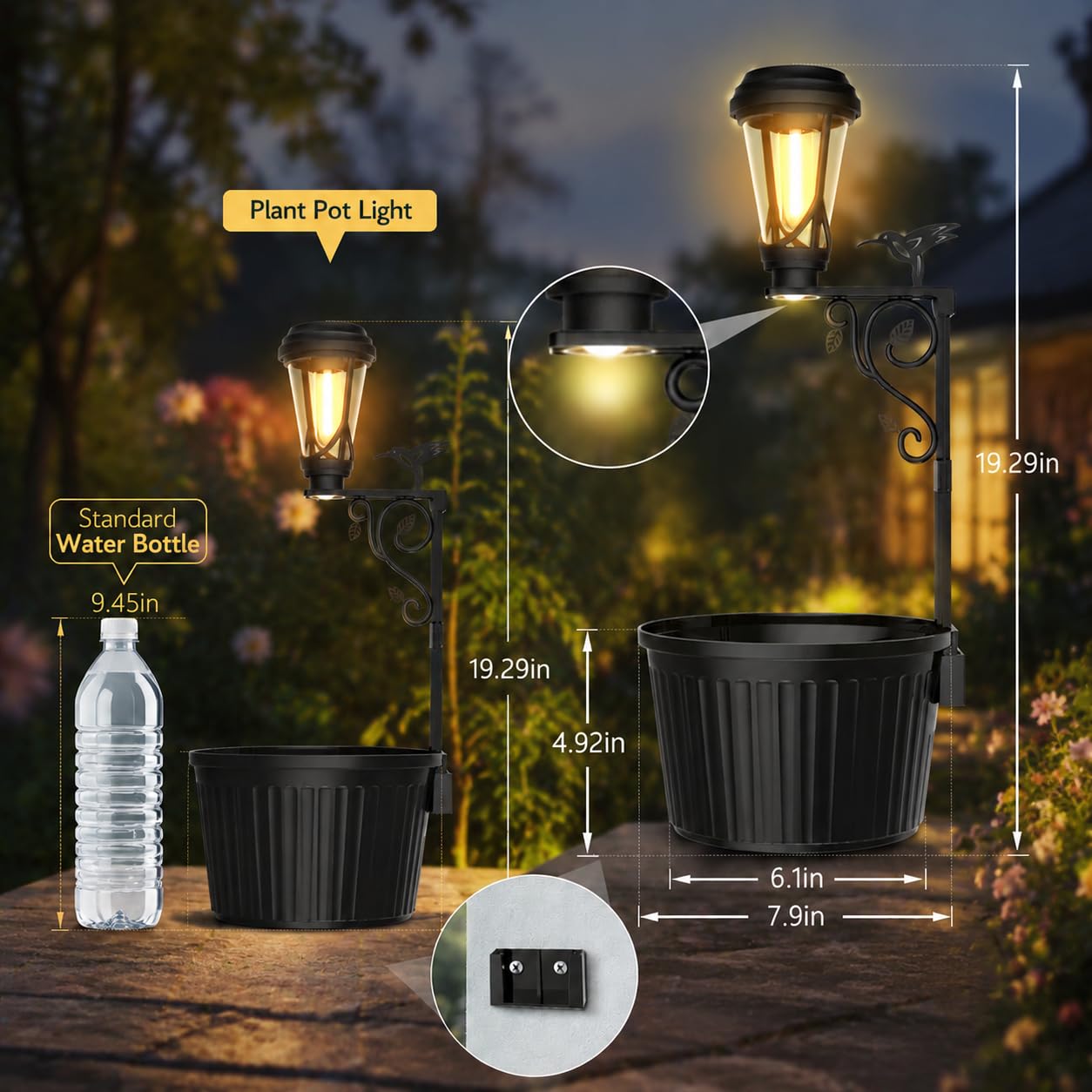 Poste de lámpara solar de 49 cm con maceta, doble cara, brillo blanco cálido de 3000 K, soporte o montaje en pared, encendido/apagado automático al anochecer, clasificación IP65 para uso en exteriores