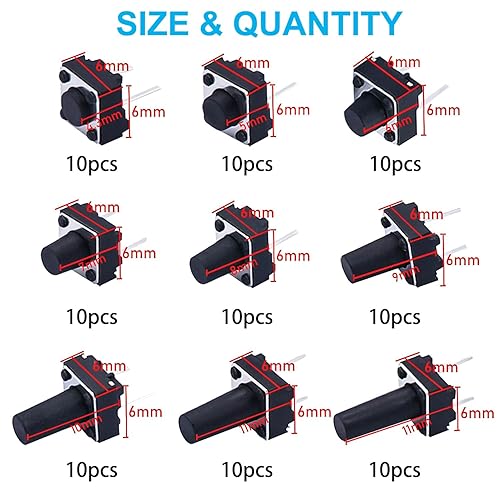 Miniatura 2 de TWTADE 90 piezas de interruptor táctil de 2 pines Micro Momentary Tact Interruptor de botón Surtido 6 x 6 x 4.3/5/6/7/8/9/10/11/0.472 in (cada valor