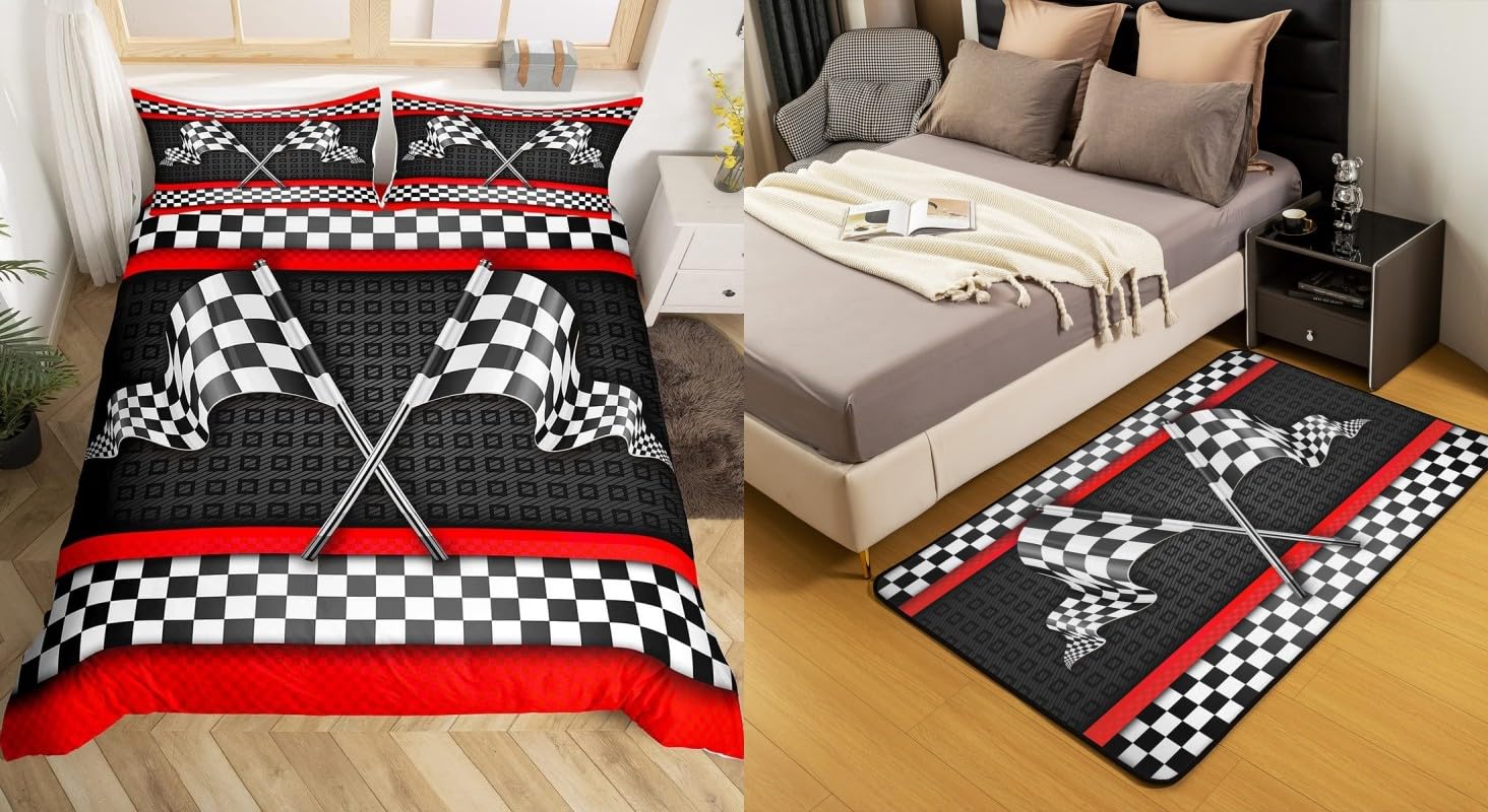 Castle Fairy Race Car Themed Duvet Cover Queen Size and Area Rug 3'x5' for Bedroom Decor