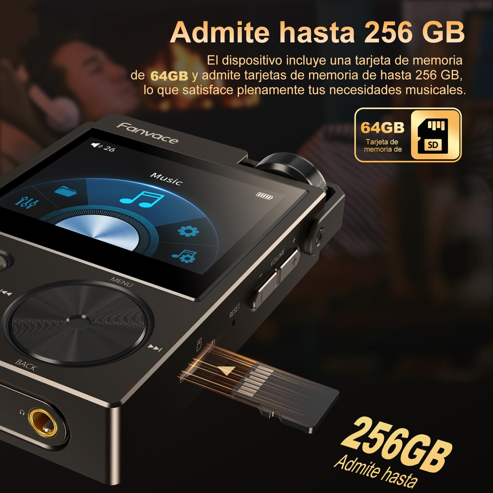 Reproductor MP3 HiFi 64 GB, DAC FLAC/DSD, 192 kHz/24 bits, portátil | Audio digital de alta resolución sin pérdida, DAC portátil, compatible con FLAC/DSD, admite hasta 256 GB
