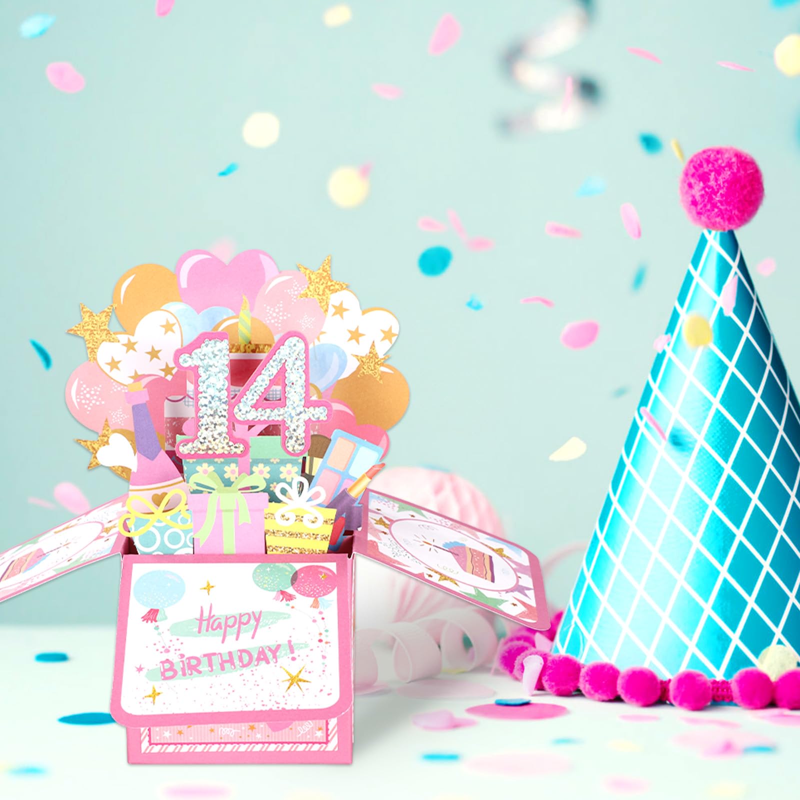 Biglietto Pop-up 3D Lucido 14th Happy Birthday con Busta, Cartolina Compleanno per Ragazza