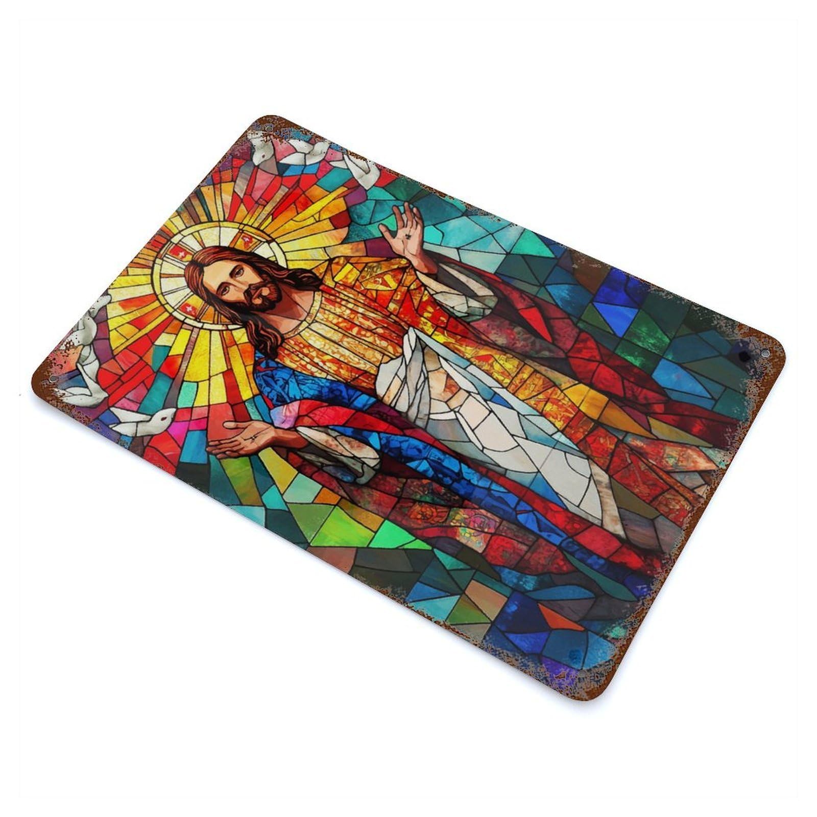 Rust Effect Stained Glass Jesus Decorative Tin Sign 11.8"x7.9", Rustic Home Decor for Cafe, Home Bar And Lounge Decor