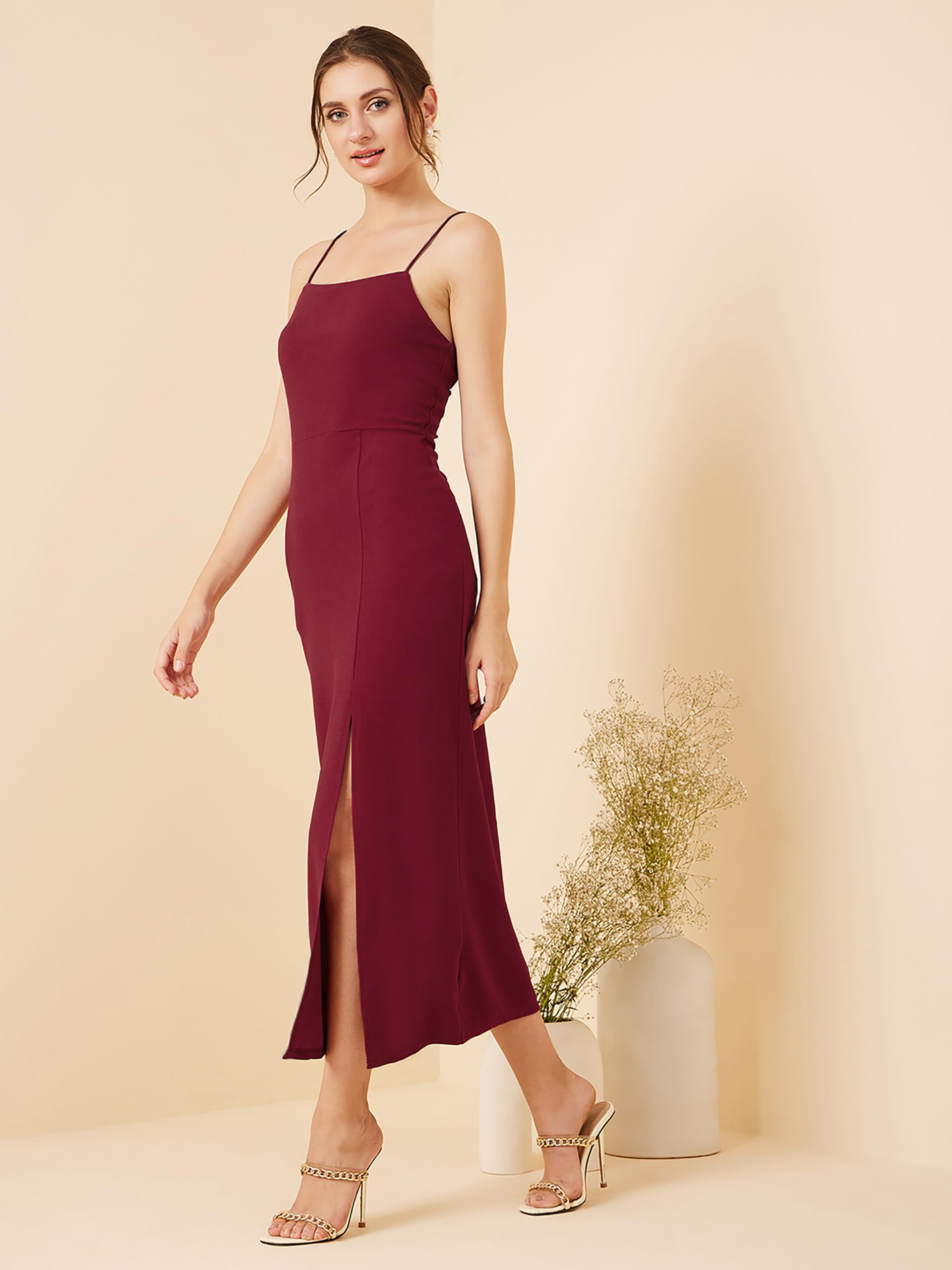Rare Women's Spandex A-Line Midi Casual Dress (Ep8006B_Maroon_Xl)