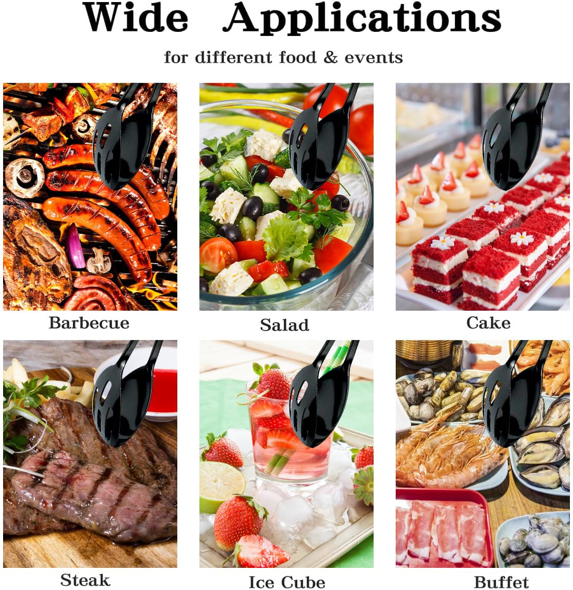 2 pinzas de ensalada de bufé para servir y cocinar, pinzas de tijeras de acero inoxidable para alimentos, utensilios de catering para pan, pasteles, hornear, filetes, barbacoa (negro)