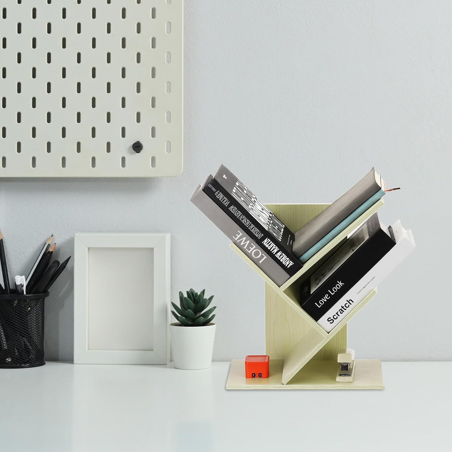 YOKIVE 3 Tier Small Tree Bookshelf, Mini Short Desktop Bookshelf Wooden Bookcase Book Organizer for Desk Home Office Living Room Bedroom, Teak Color
