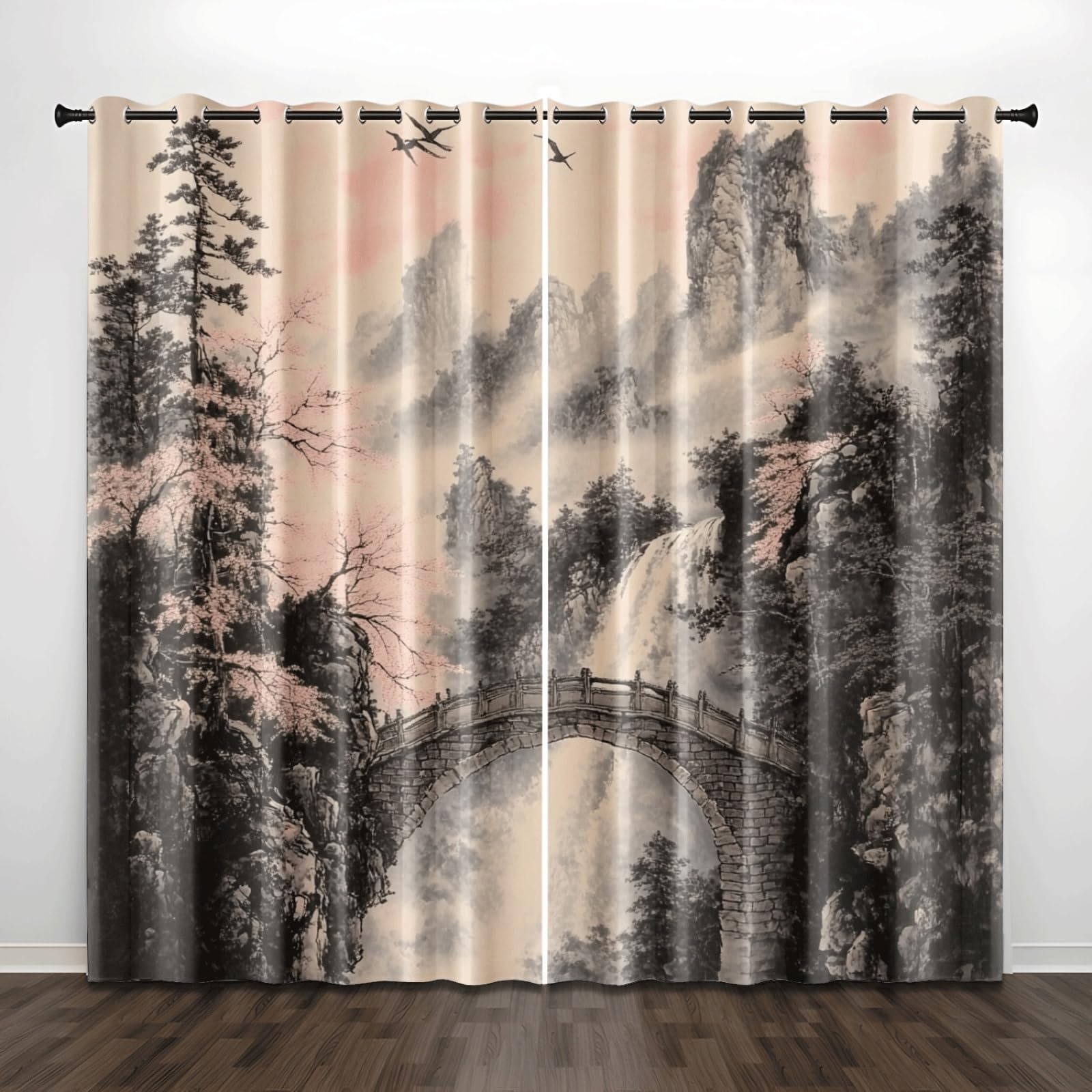 Curtain Schwarze Landschaft Gardinen Polyester Vorhang mit Ösen Blackout Curtain Waschbar Vorhänge mit Ösen Living Room Thermovorhang Schlafzimmer Verdunklungsvorhänge Blickdicht 2x140x160