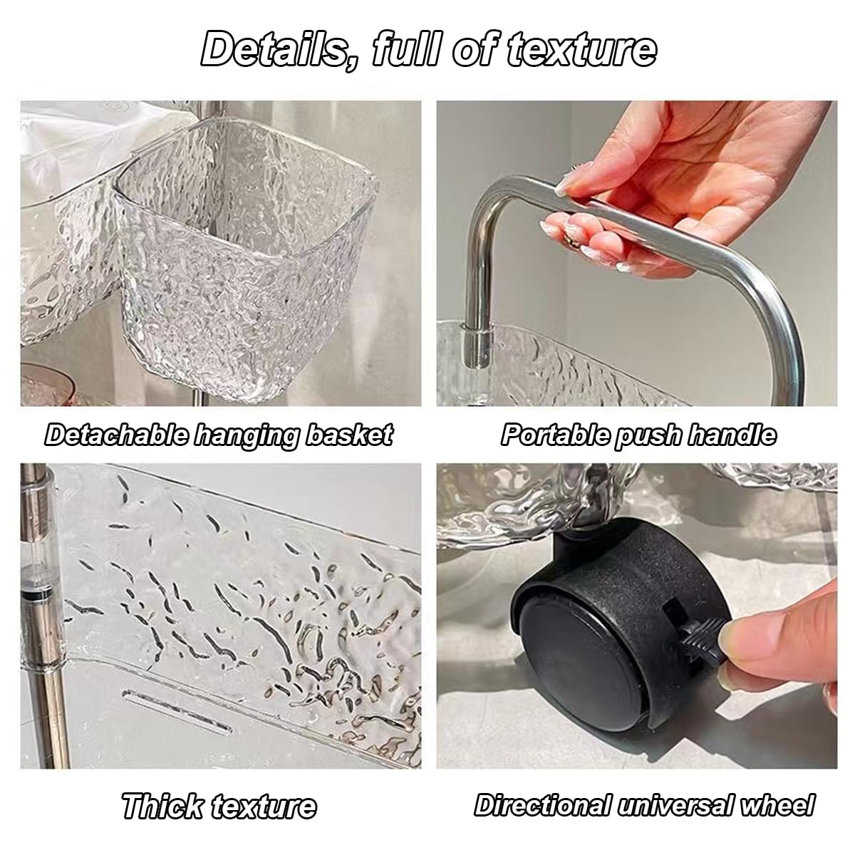 Carrito transparente de tres niveles, estantería de almacenamiento móvil, estantería para libros, estantería para aperitivos, con 2 cestas colgantes grandes, adecuado para sala de estar,
