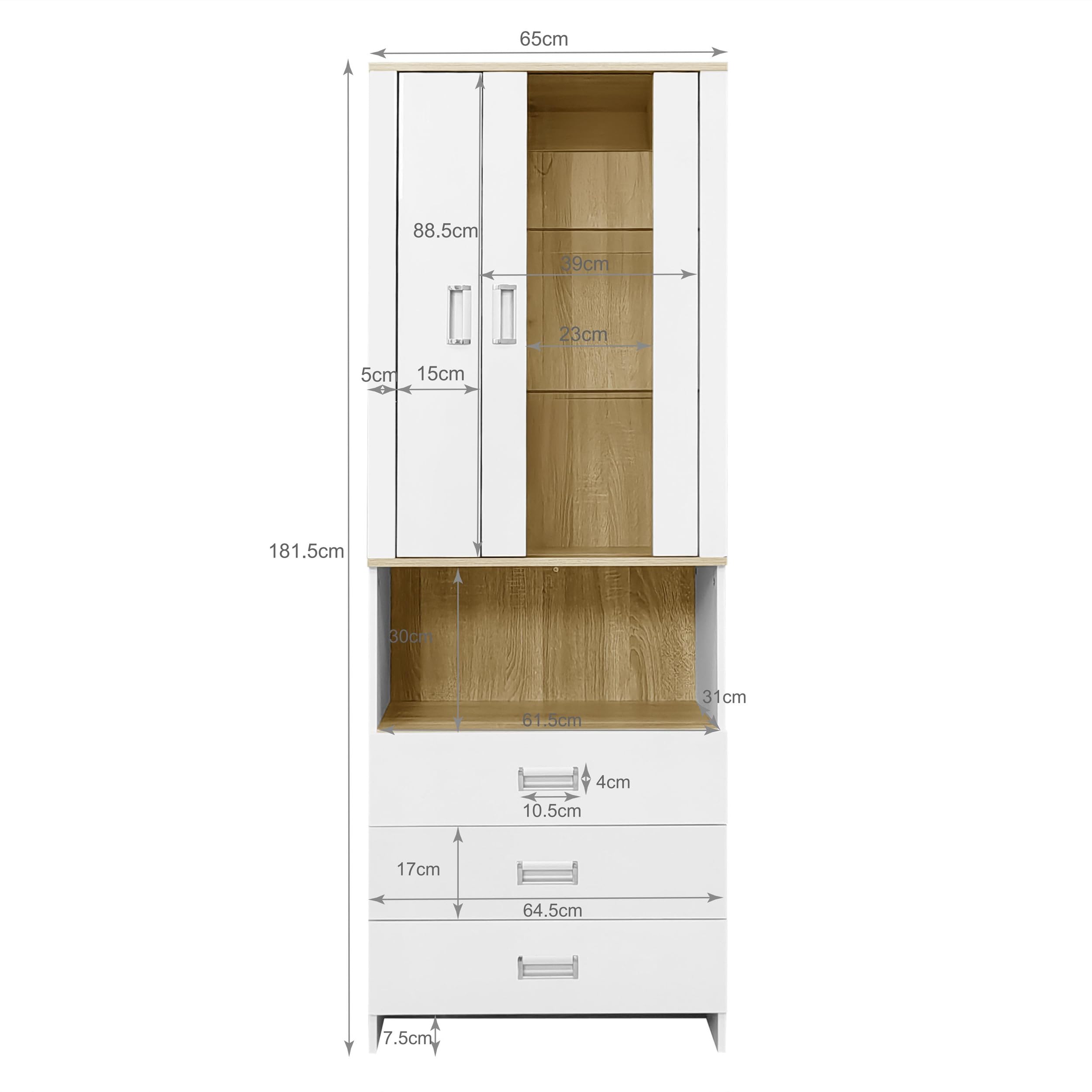 Vitrine 181,5 cm Hauteur avec Porte en Verre Transparent, Armoire de Rangement avec éclairage LED Réglable, Buffet au Design Moderne Brillant pour Différentes Pièces, Bahut Blanc, Meuble de Salon