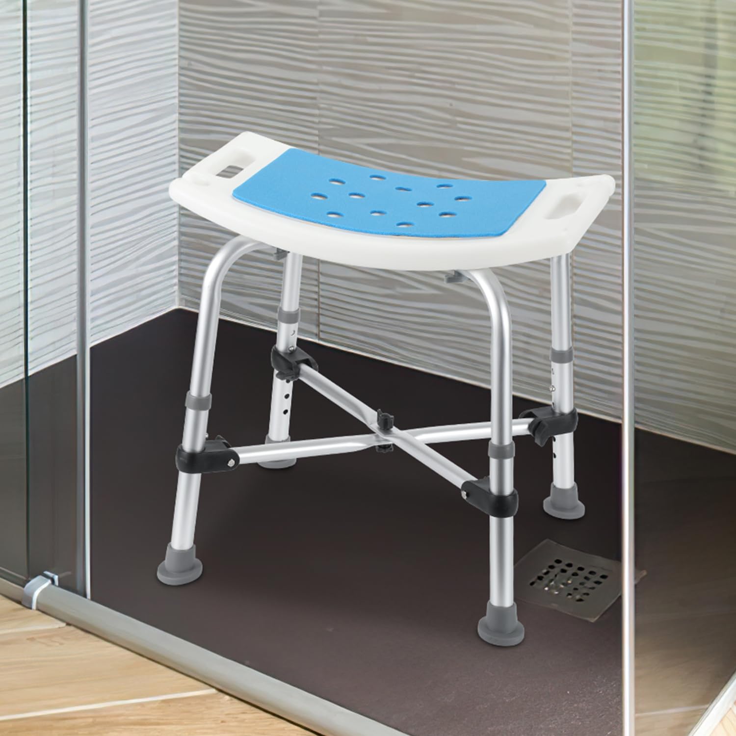 Taboret prysznicowy, bardzo szeroki, krzesło prysznicowe, z regulacją wysokości do 180 kg, szerokość siedziska 51 cm, siedzisko z poduszkami do siedzenia, podwójne poprzeczne wsporniki i