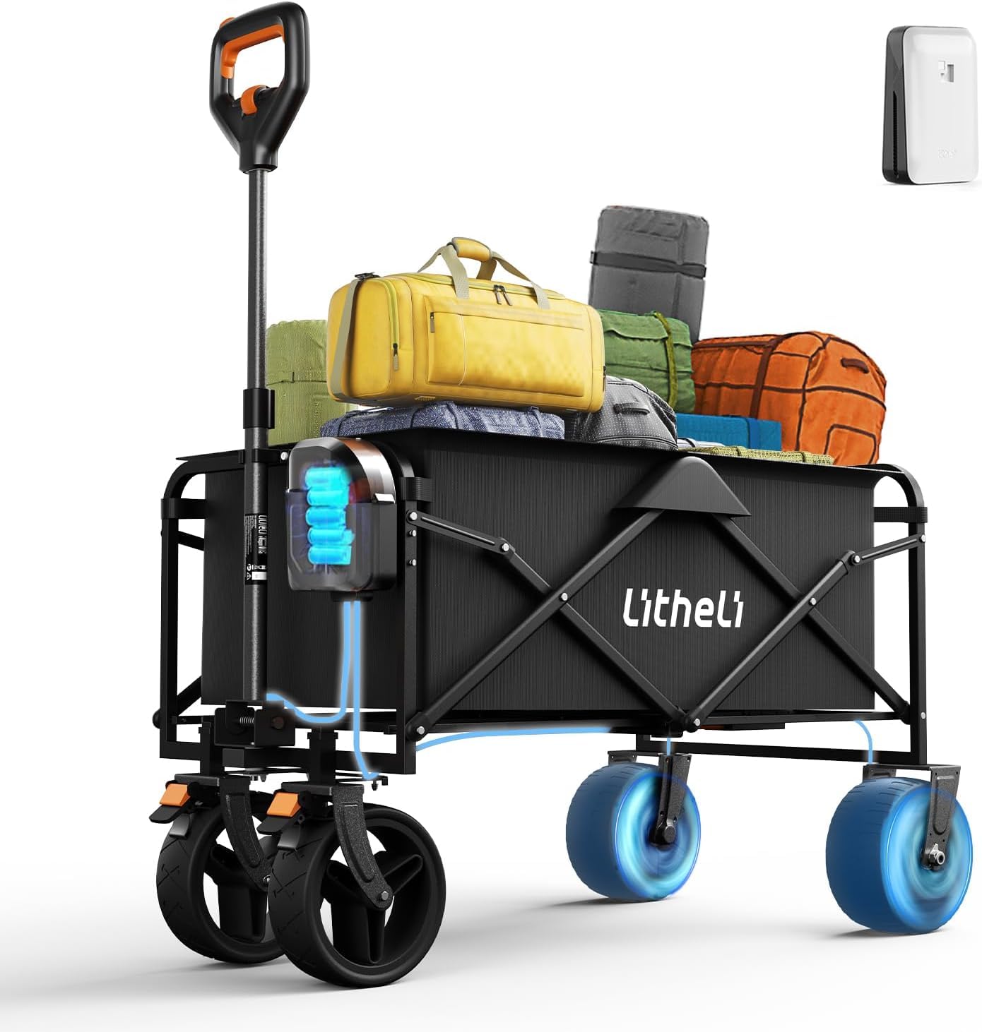Litheli Chariot électrique Pliable avec Moteur et Freins, 100 l, 50 kg, Convient pour Le Camping, Le Jardin, la Plage, Le Shopping (Noir, W1 Go avec 1 Batterie)