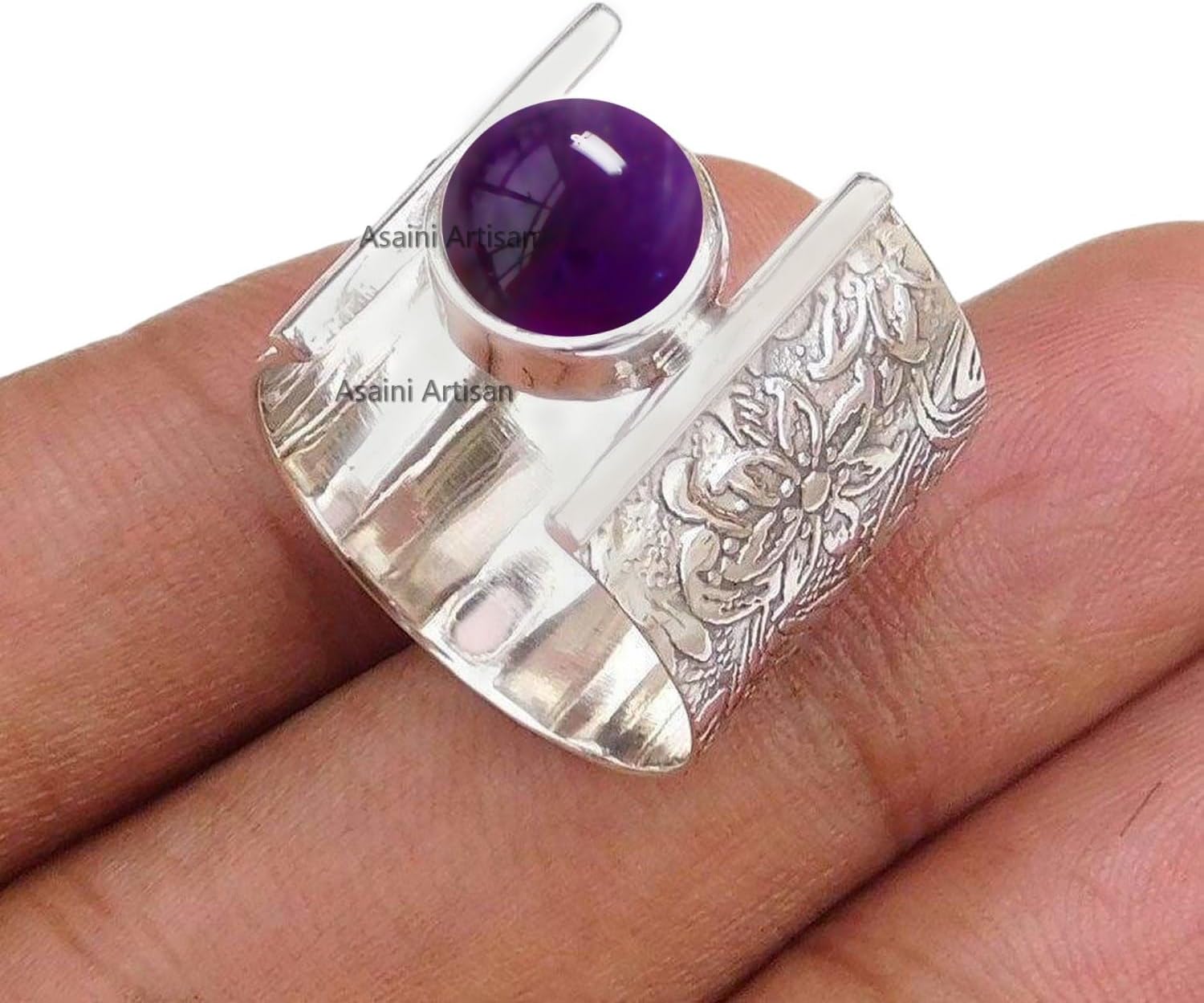 7MM Round Gemstone 925 Sterling Silver Gift Rings for Womens, Floral and Leaves Engraved Ring for Every Occasion