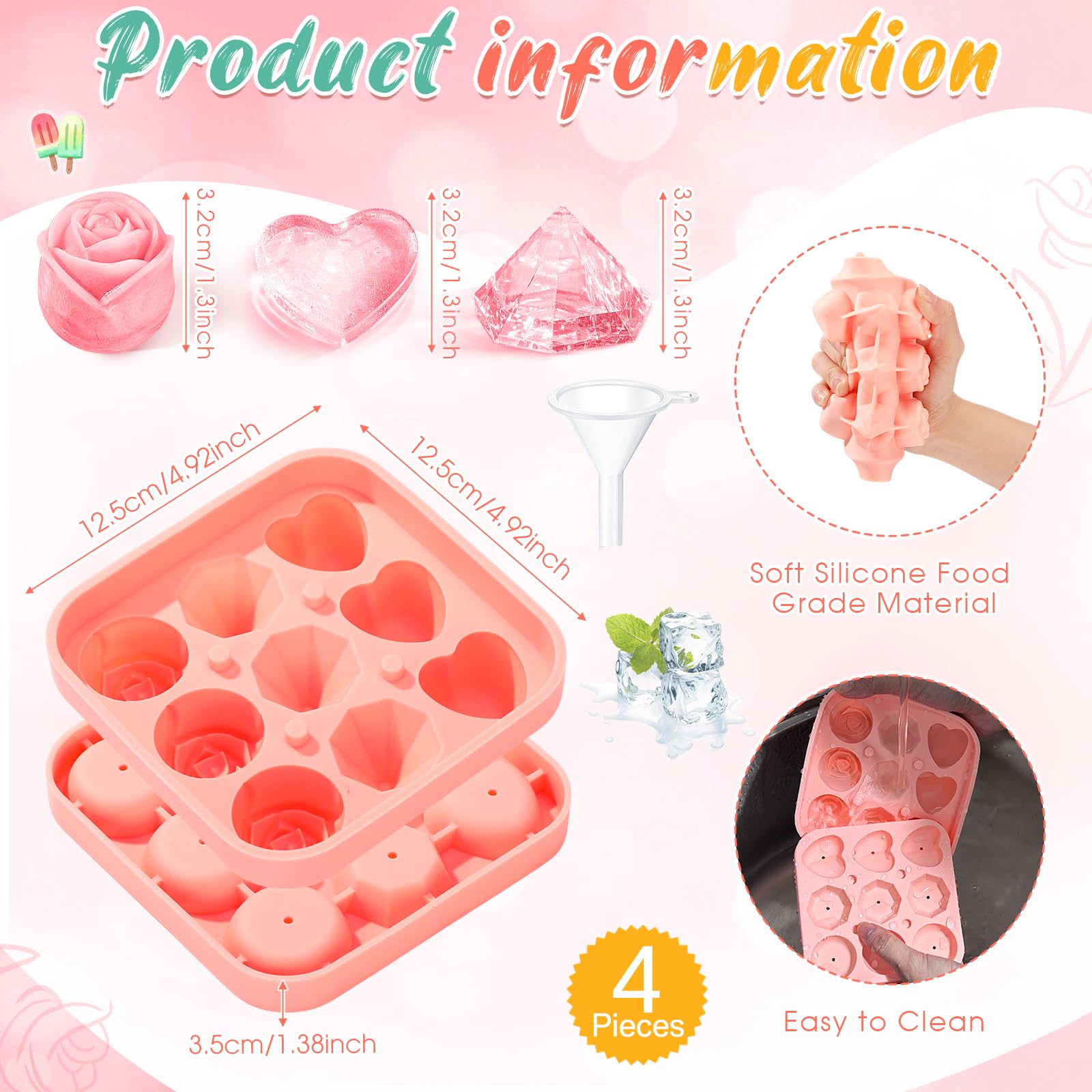 Censen Lot de 4 moules à glaçons 3D en silicone en forme de cœur avec couvercles faciles à démouler - Grande fleur - Pour jus de fruits (styles mixtes)