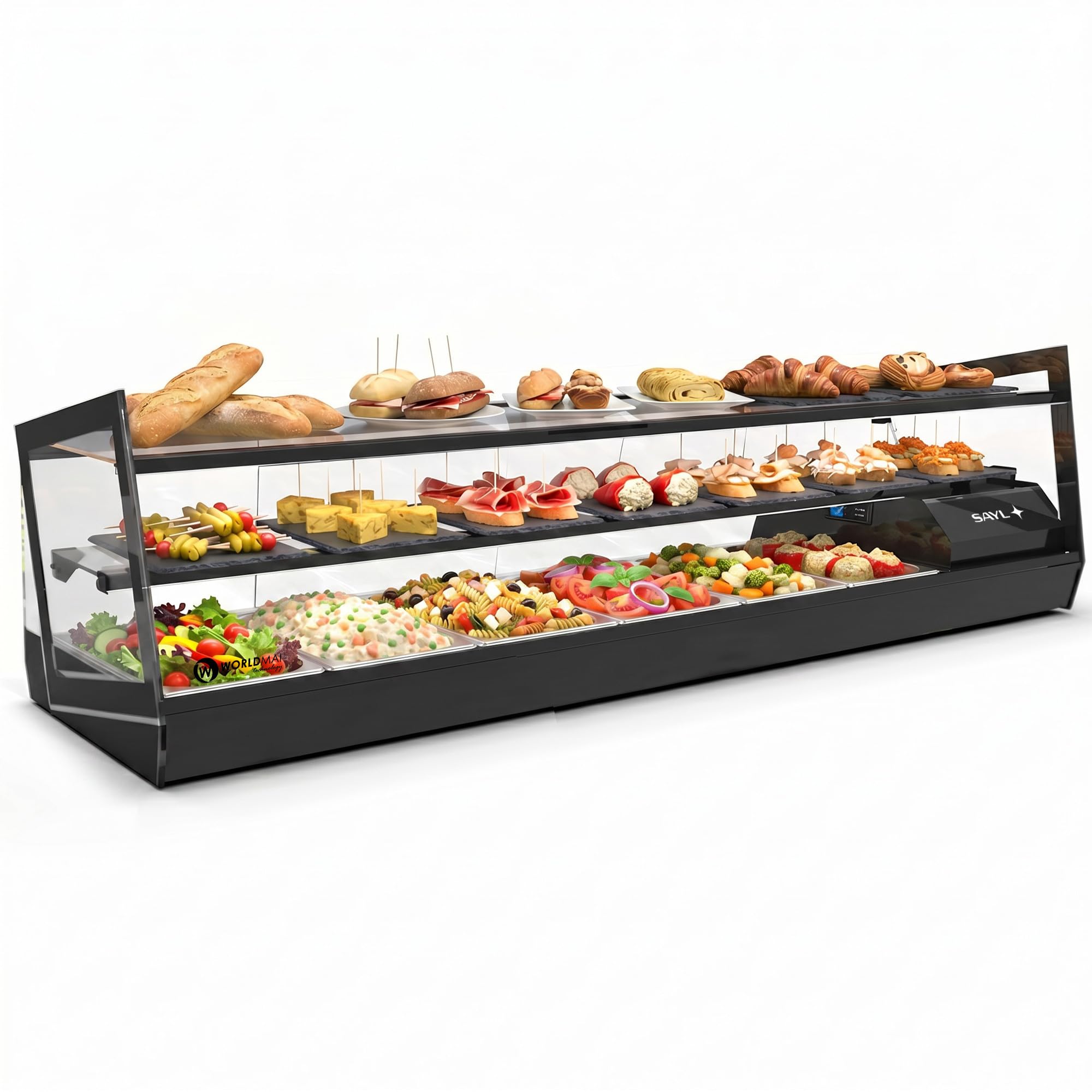 Vetrina con coperchi Kube WORLDMAI x SAYL, 132 x 40 cm, 3 piani e 6 secchi GN 1/3 per alberghi, vetrinetta refrigerata professionale da tavolo con doppia luce LED, per bar e ristorante