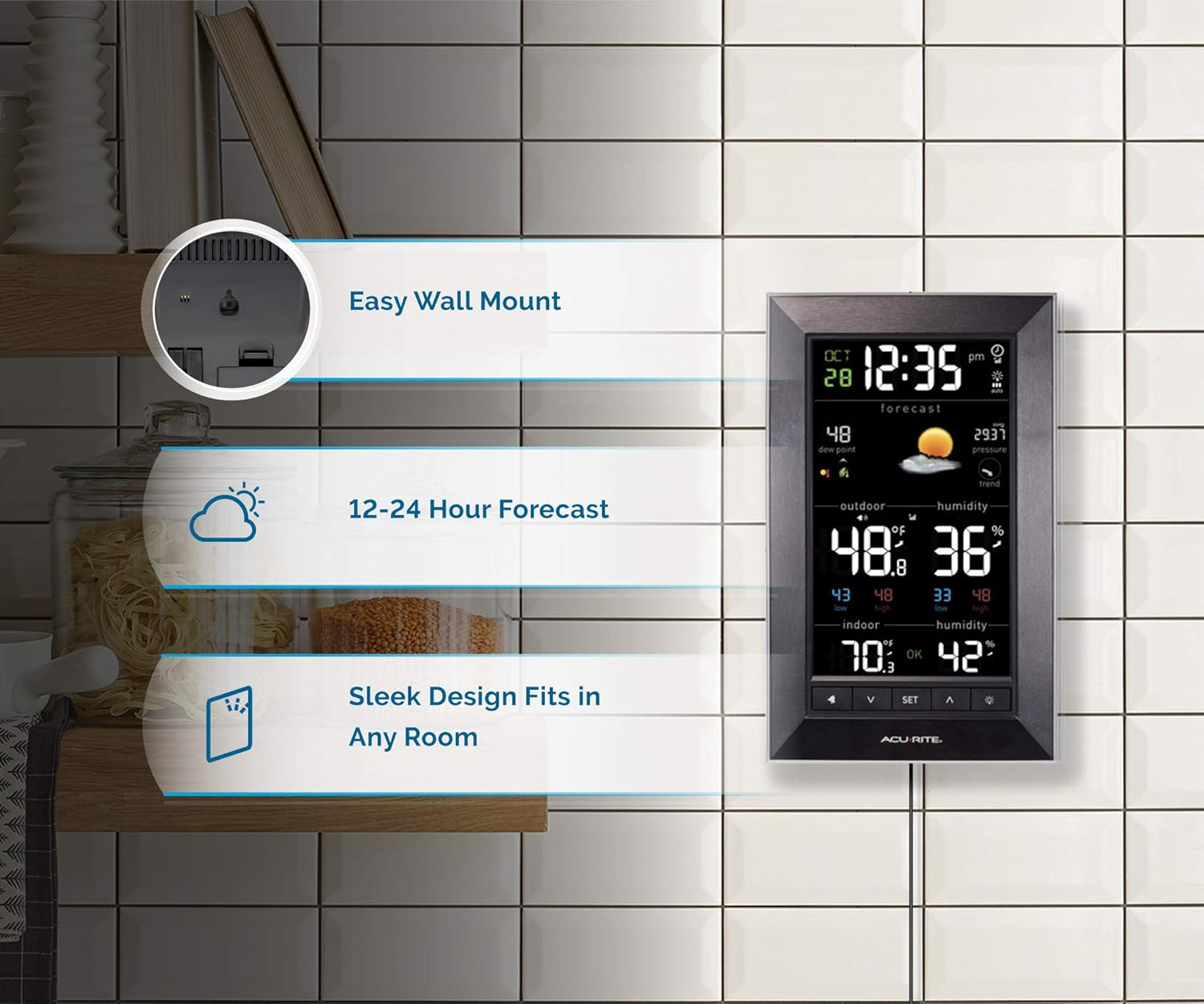 AcuRite Digital Vertical Weather Forecaster with Indoor/Outdoor Temperature, Humidity, and Date and Time (01121M) , BLACK : Patio, Lawn & Garden