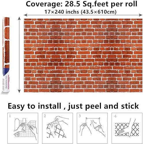 Miniatura 7 de Arthome - Papel tapiz de ladrillo autoadhesivo de 17 x 240 pulgadas, impermeable, para dormitorio, sala de estar, chimenea, escalera, decoración de