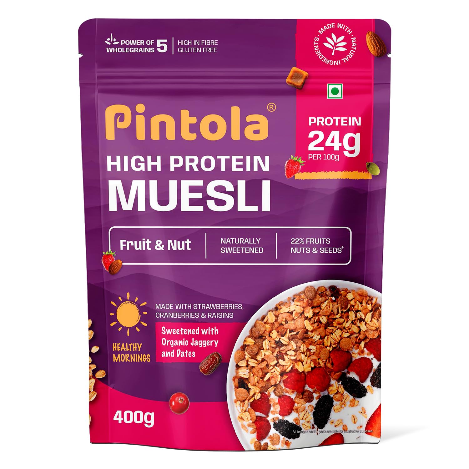 Pintola 24g High Protein Muesli, Fruit & Nut, 400g | Gluten-Free, Naturally Sweetened with Organic Jaggery & Dates, 22% Fruits, Nuts & Seeds, No Refined Sugar, Healthy Breakfast Cereal Pintola 24g High Protein Muesli, Fruit & Nut, 400g | Gluten-Free, Naturally Sweetened with Organic Jaggery & Dates, 22% Fruits, Nuts & Seeds, No Refined Sugar, Healthy Breakfast Cereal