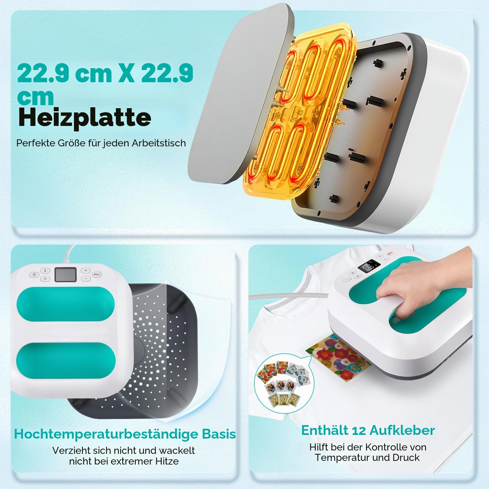 Transferpresse Heizpresse 22.5x22.5CM (9x9 Zoll), DIY Heizpresse Plotter mit Timer und Temperaturregelung (100–205 °C) für schnelles Übertragen von Textilien, Inklusive 12 Aufklebern (Grün)