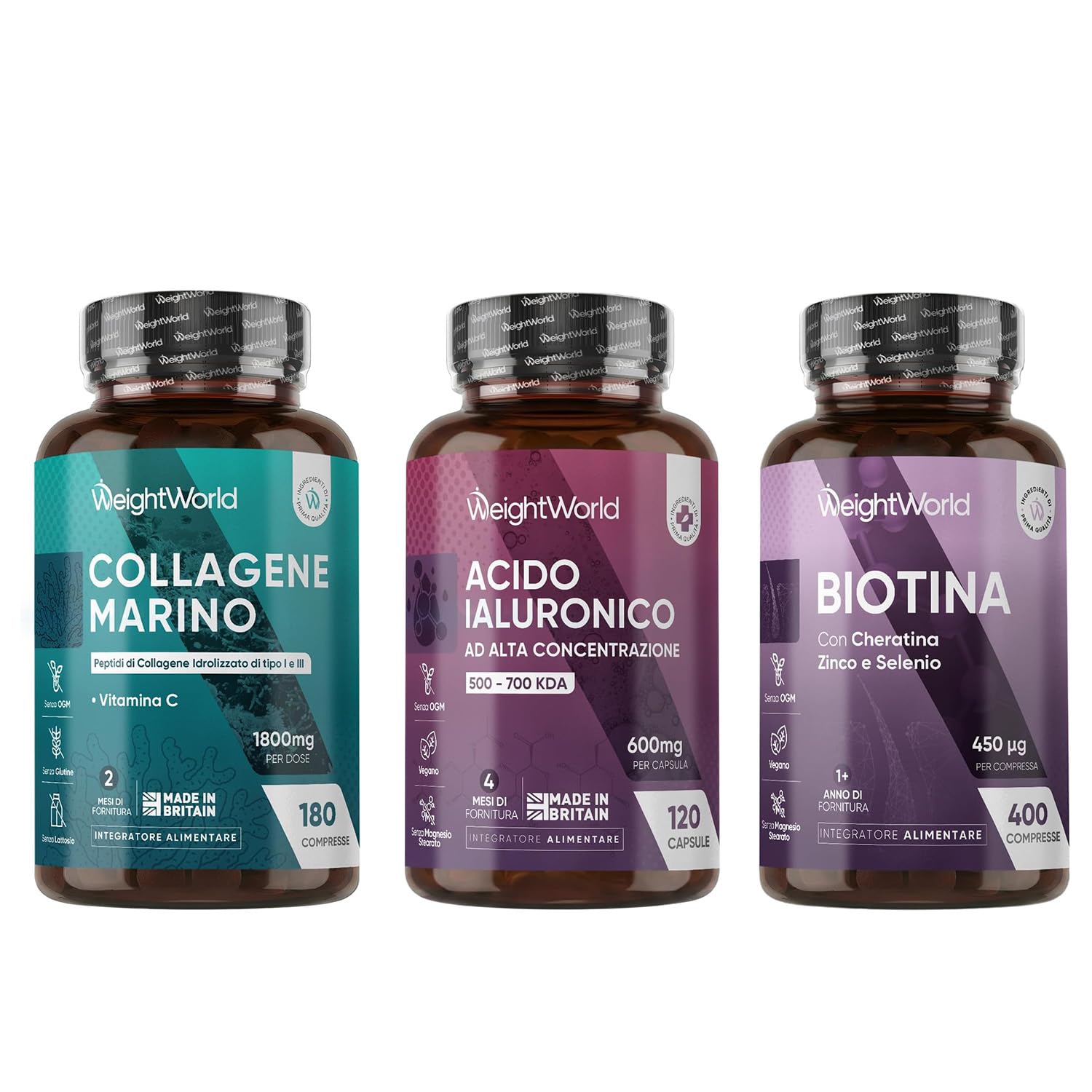 Collagene Marino Idrolizzato, Acido Ialuronico, Biotina Capelli Bundle | Cheratina, Zinco, Ossa, Muscoli, Capelli, Unghie, Pelle, Peptidi di Collagene Tipo I e III, GMP, Senza Magnesio Stearato e OG