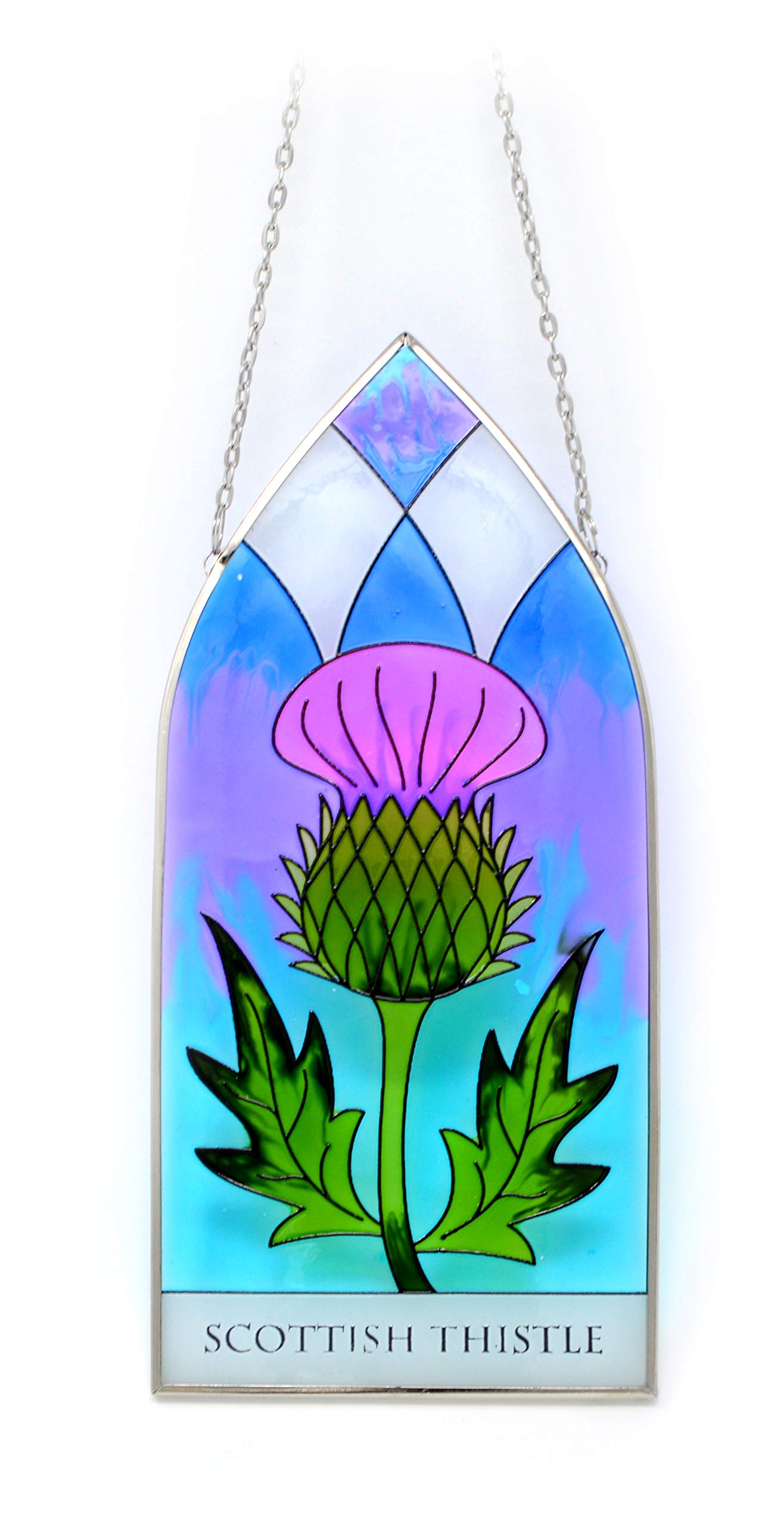 Royal Tara Gothic Glasmalerei | Irische Handbemalte Glasfensterscheibe | Sonnenfänger mit Schottische Distel Thistle